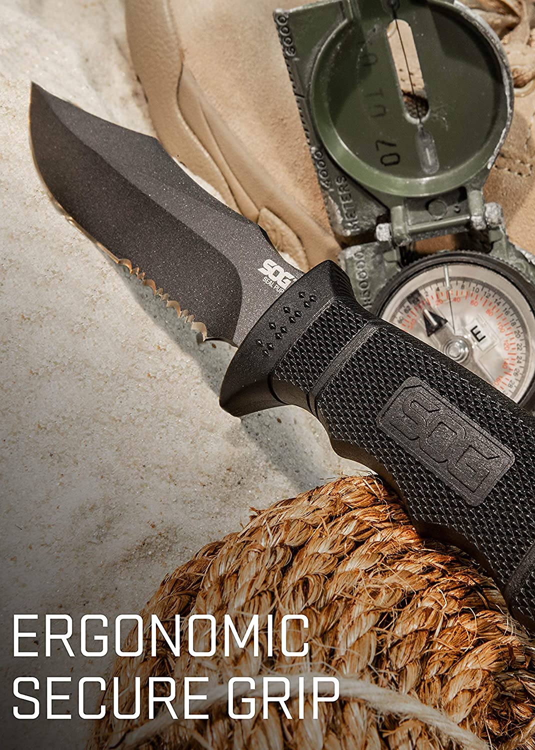 SOG Fixed Blade Knives - Tactical Knife Seal Pup Survival Knife and Hunting Knife w/ 4.75 Inch Blade and MOLLE Knife Sheath & GRN Grip (M37N-CP), black
