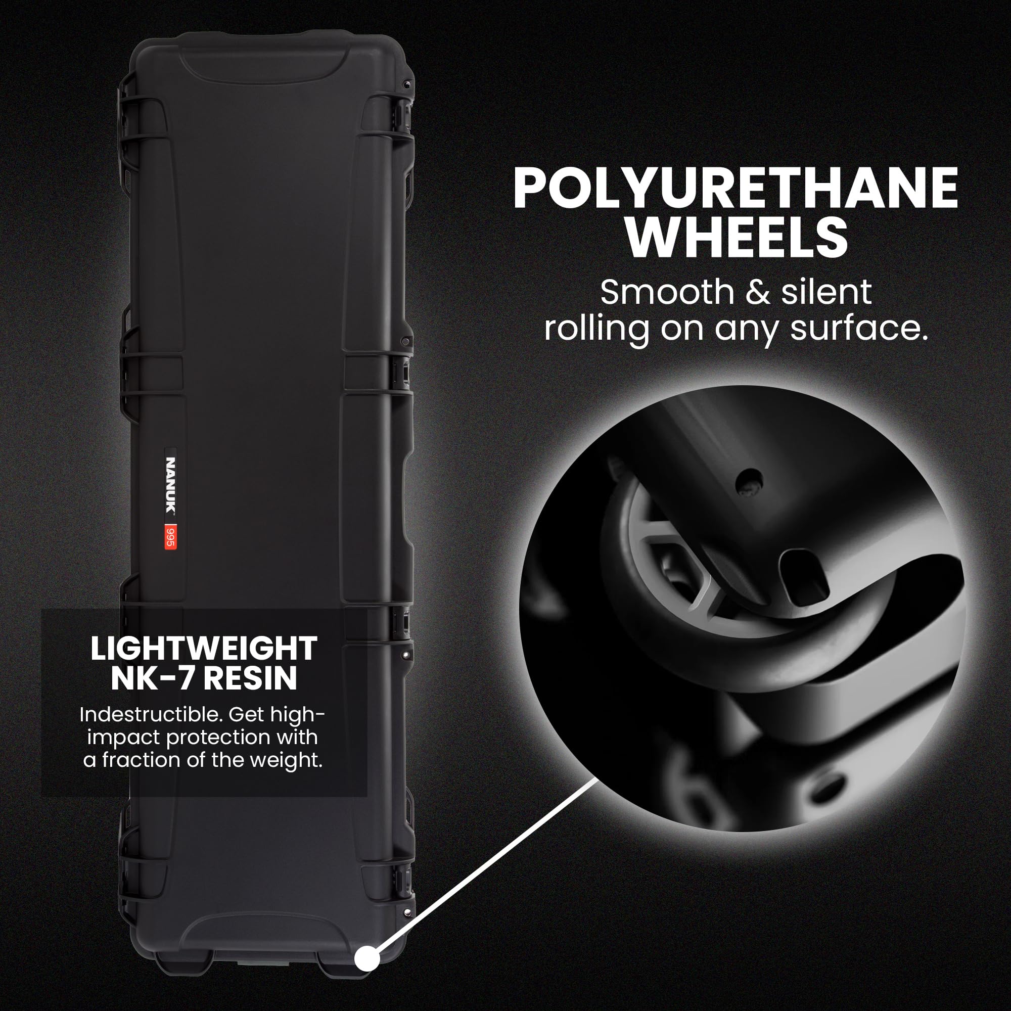 Hard Case NANUK 995 55” with Wheels & Customizable Foam Insert, IP67 Waterproof & Crushproof, Rugged Construction for Ultimate Protection, Made in North America – Black (55.1” x 17.3” x 6.6”)