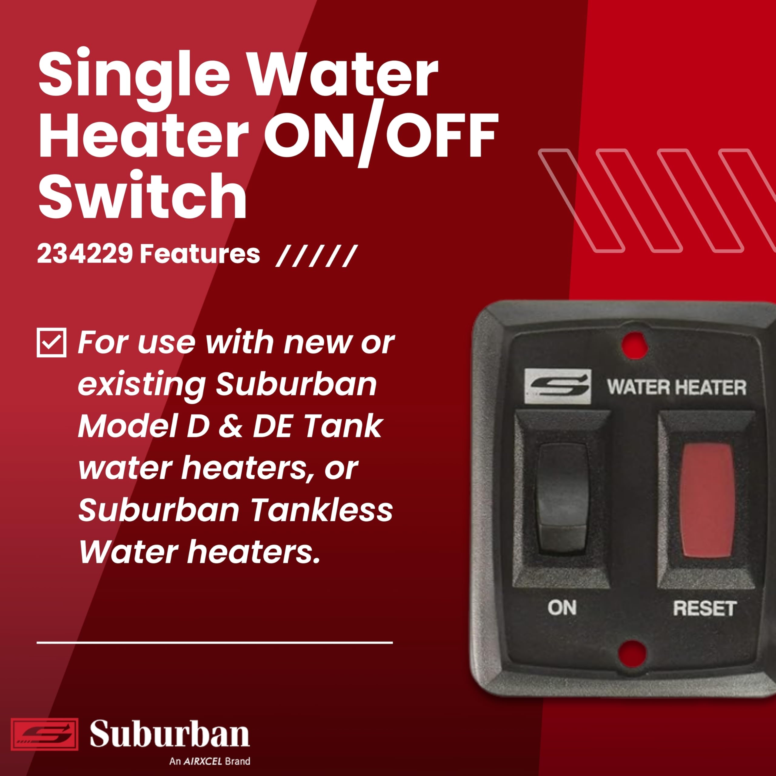 Single Suburban Water Heater ON/OFF Wall Switch - RV Interior Wall Mount On/Off Switch for Control & Operation of Suburban Models D, DE & DEM Tank or Tankless Water Heaters, Black (234229)