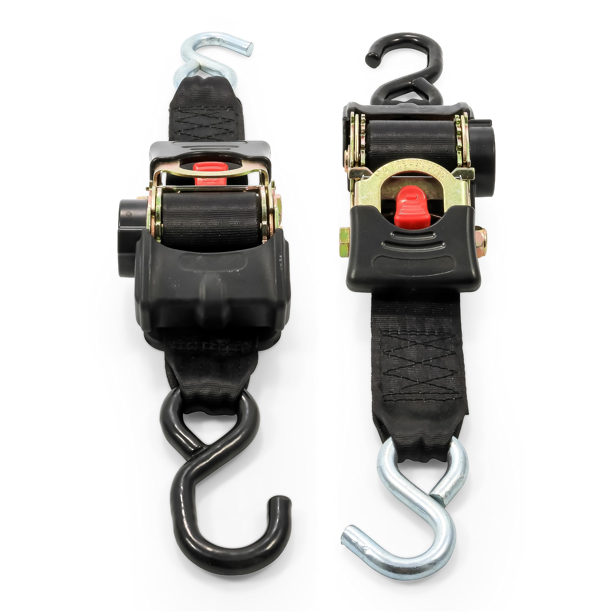 Retractable Camco Transom Tie Down Straps - Break Strength of 3,330lbs and Safe Working Load of 1,100lb - 2-Pack, Durable Polyester Webbing (50031)