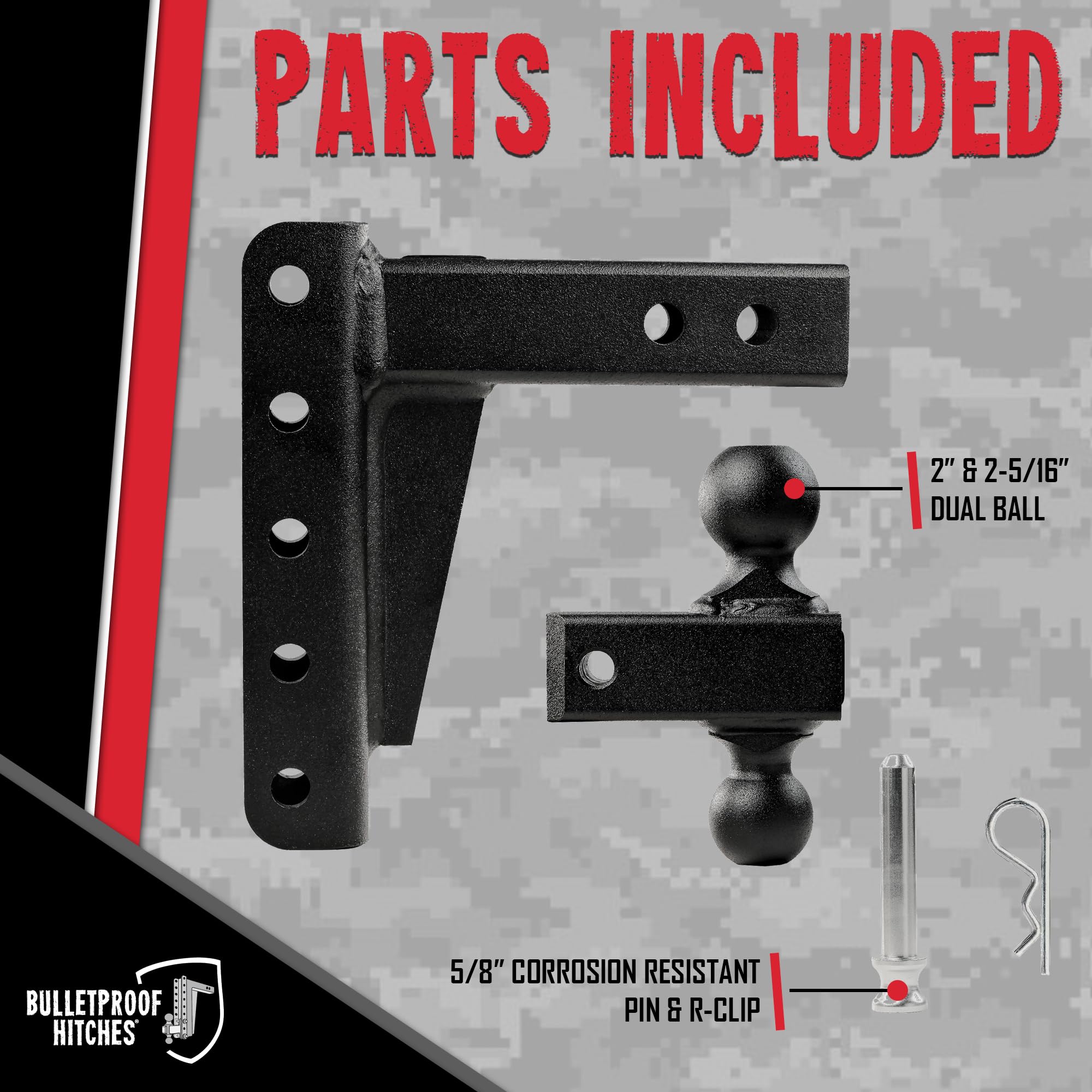 2.0" BulletProof Hitches Adjustable Light Duty Trailer Hitch (10,000 lb. Rating) - 6" Drop/Rise Trailer Hitch with 2" & 2-5/16" Dual Ball - Powder Coat, Box Steel, Corrosion-Resistant