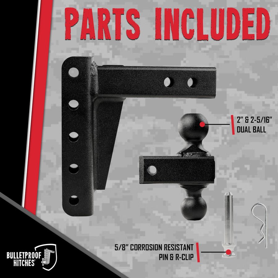 2.0" BulletProof Hitches Adjustable Light Duty Trailer Hitch (10,000 lb. Rating) - 6" Drop/Rise Trailer Hitch with 2" & 2-5/16" Dual Ball - Powder Coat, Box Steel, Corrosion-Resistant