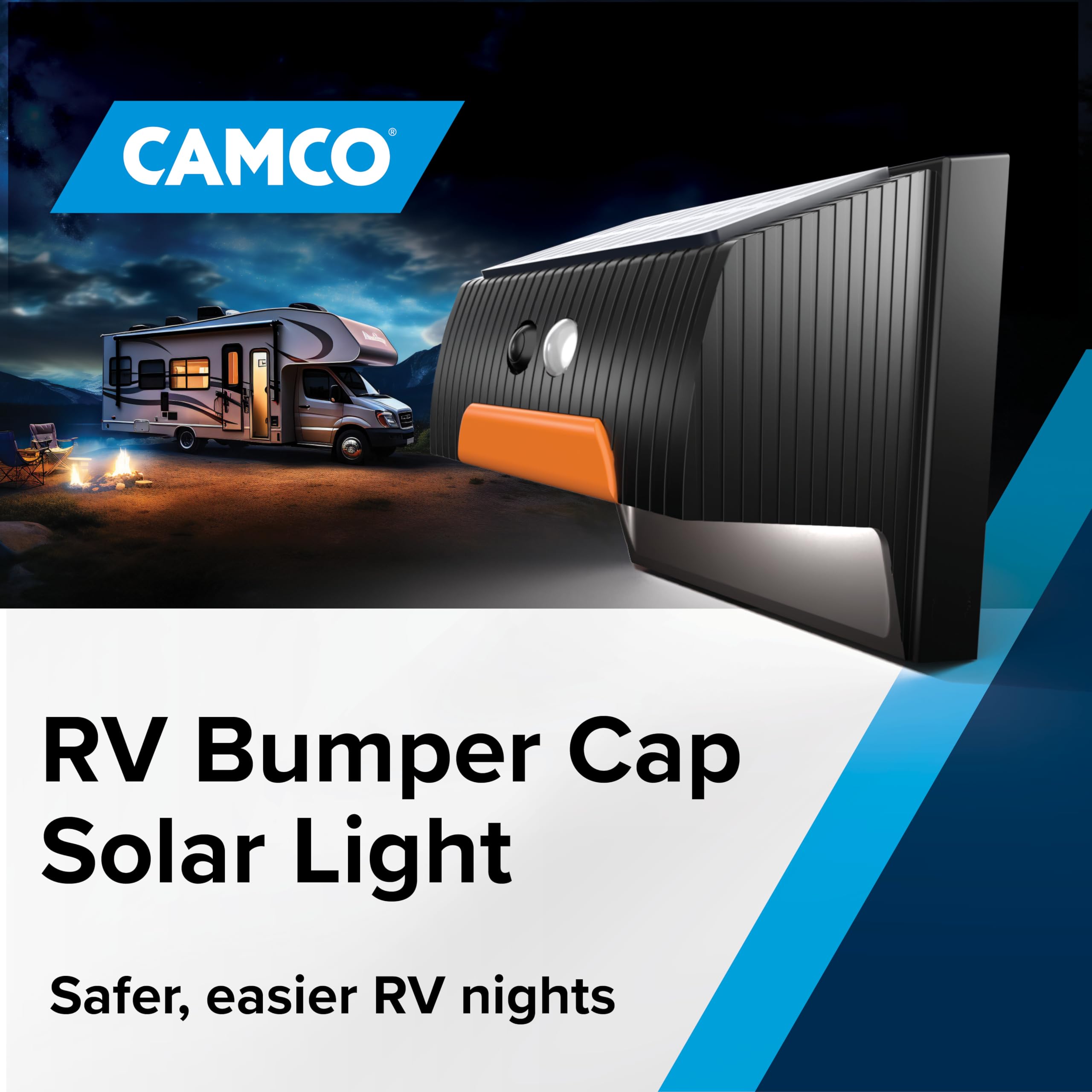Camco Solar Light RV Bumper Cap — Motion-Activated Lighting – Fits 4" Square RV Bumpers – Helps Keep Bugs Out & Allows for RV Sewer Hose Storage Inside Bumper (40332)