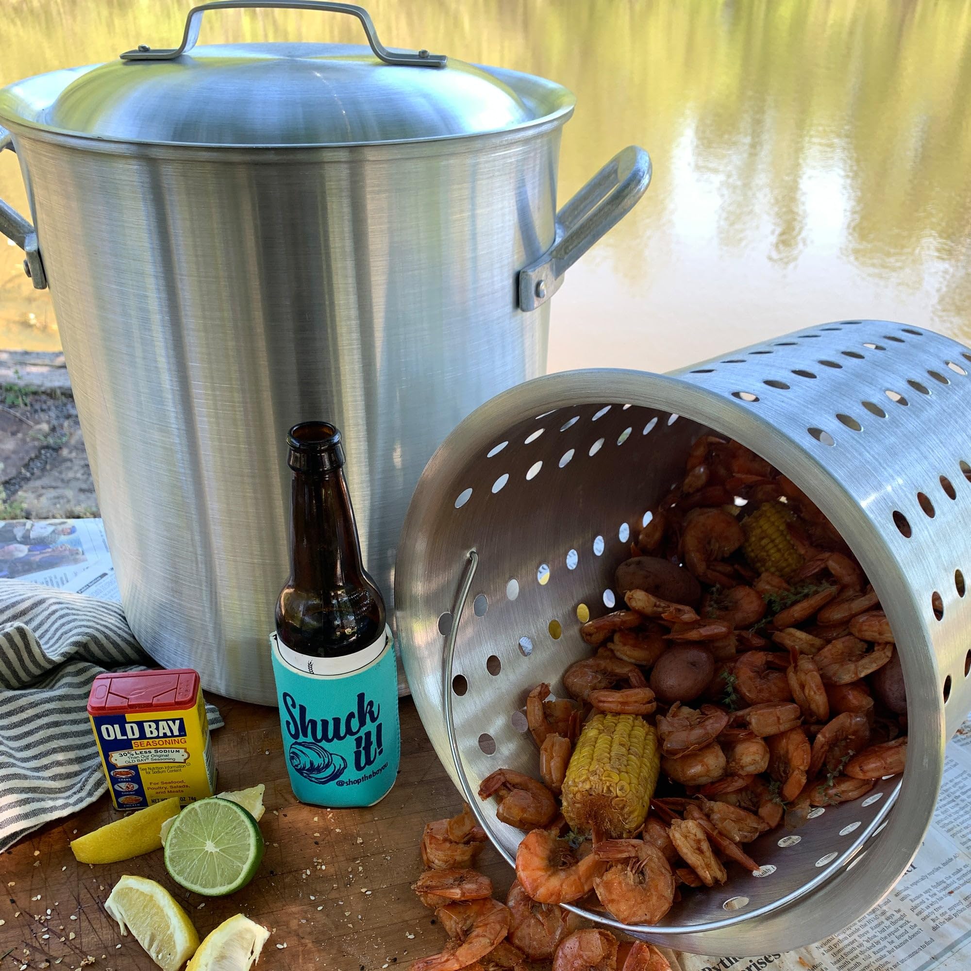 25-qt Bayou Classic Aluminum Shrimp Pot Features Perforated Basket Domed Vented Lid Heavy Riveted Handles Perfect For a Classic Shrimp Boil