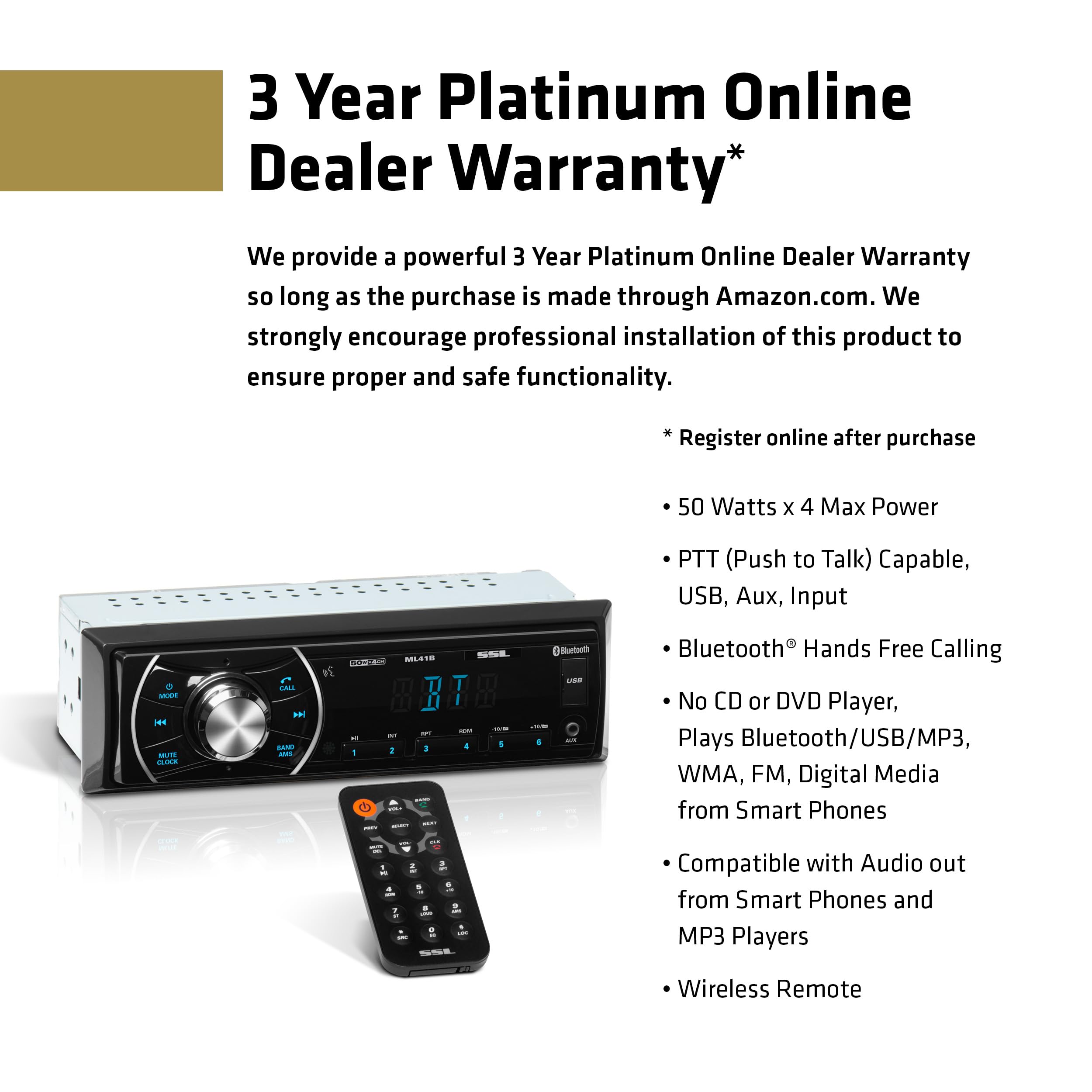 Sound Storm Laboratories ML41B Car Audio Stereo - Bluetooth, Single Din, No CD DVD Player, FM Radio Receiver, USB, AUX Input, Wireless Remote Control