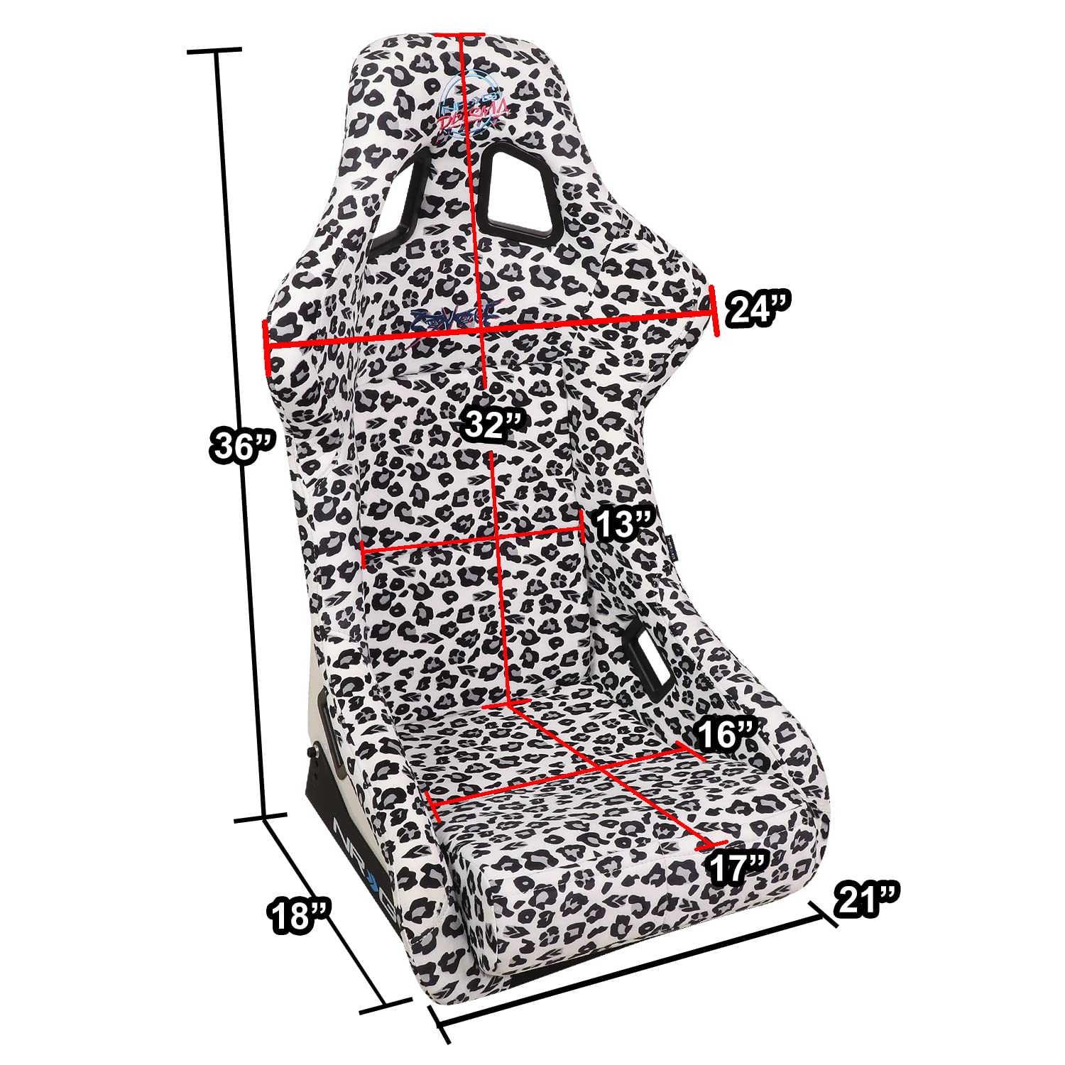 NRG Innovations Prisma Fixed Back Bucket Racing Seat NRG-FRP-302-WT-SAVAGE with Bottom Mount Bracket, White Savage Leopard Print Fabric/White Pearl Back, 24" W X 36" H X 18" D