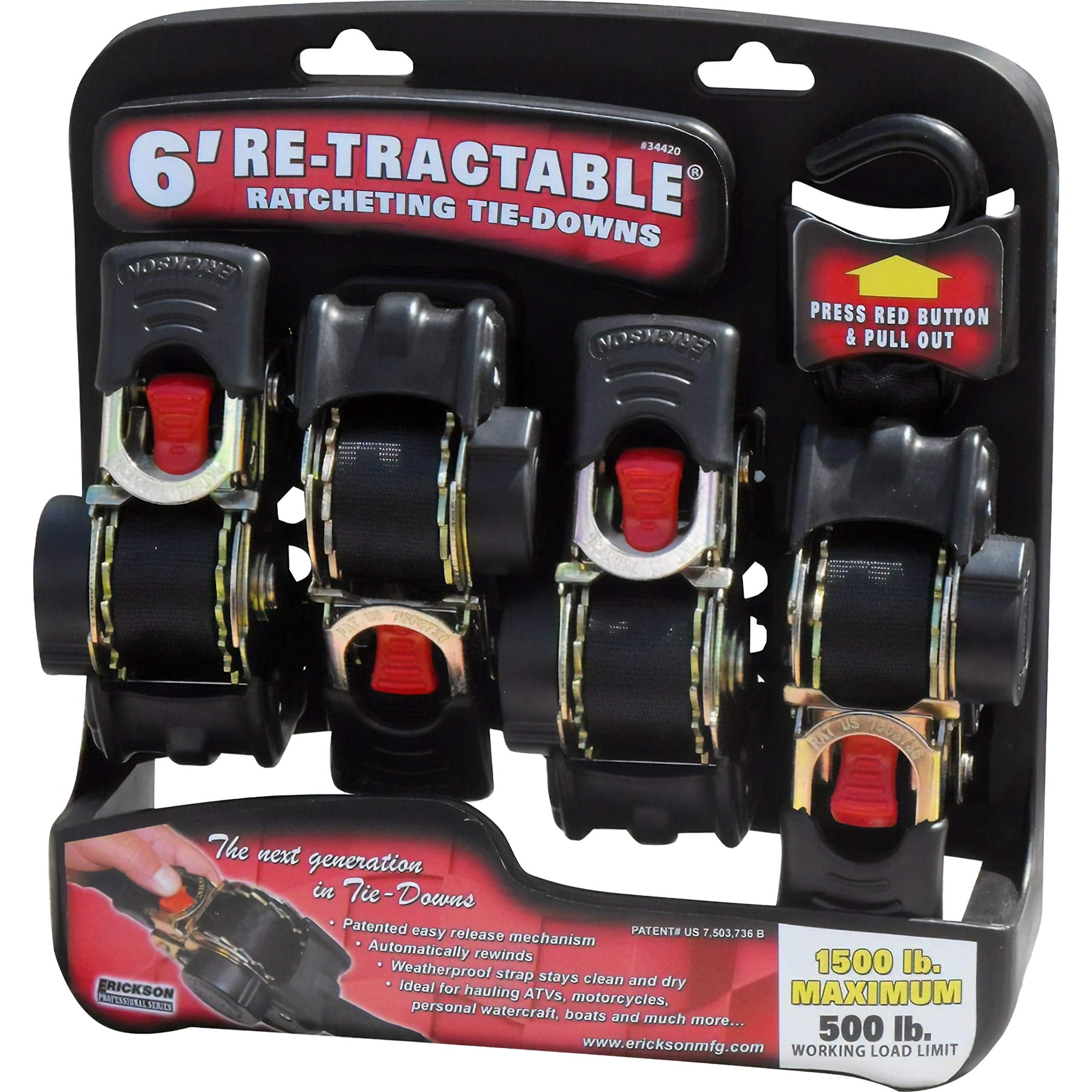 1" x 6' Retractable Ratcheting Tie-Down Strap, Erickson 34420 Pro Series, 4 Pack (1500 lb Load Capacity)