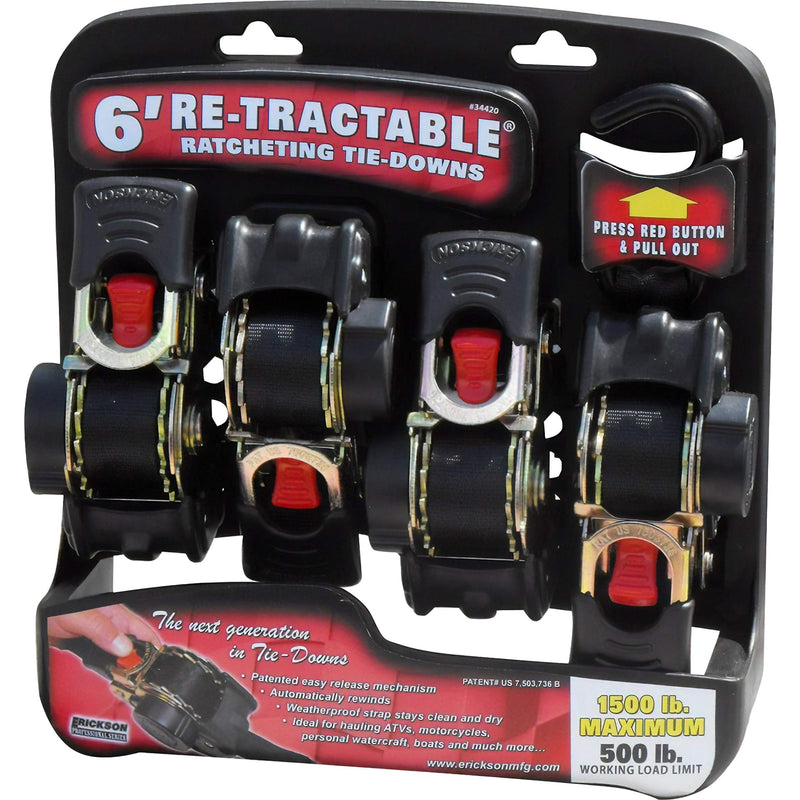 1" x 6' Retractable Ratcheting Tie-Down Strap, Erickson 34420 Pro Series, 4 Pack (1500 lb Load Capacity)