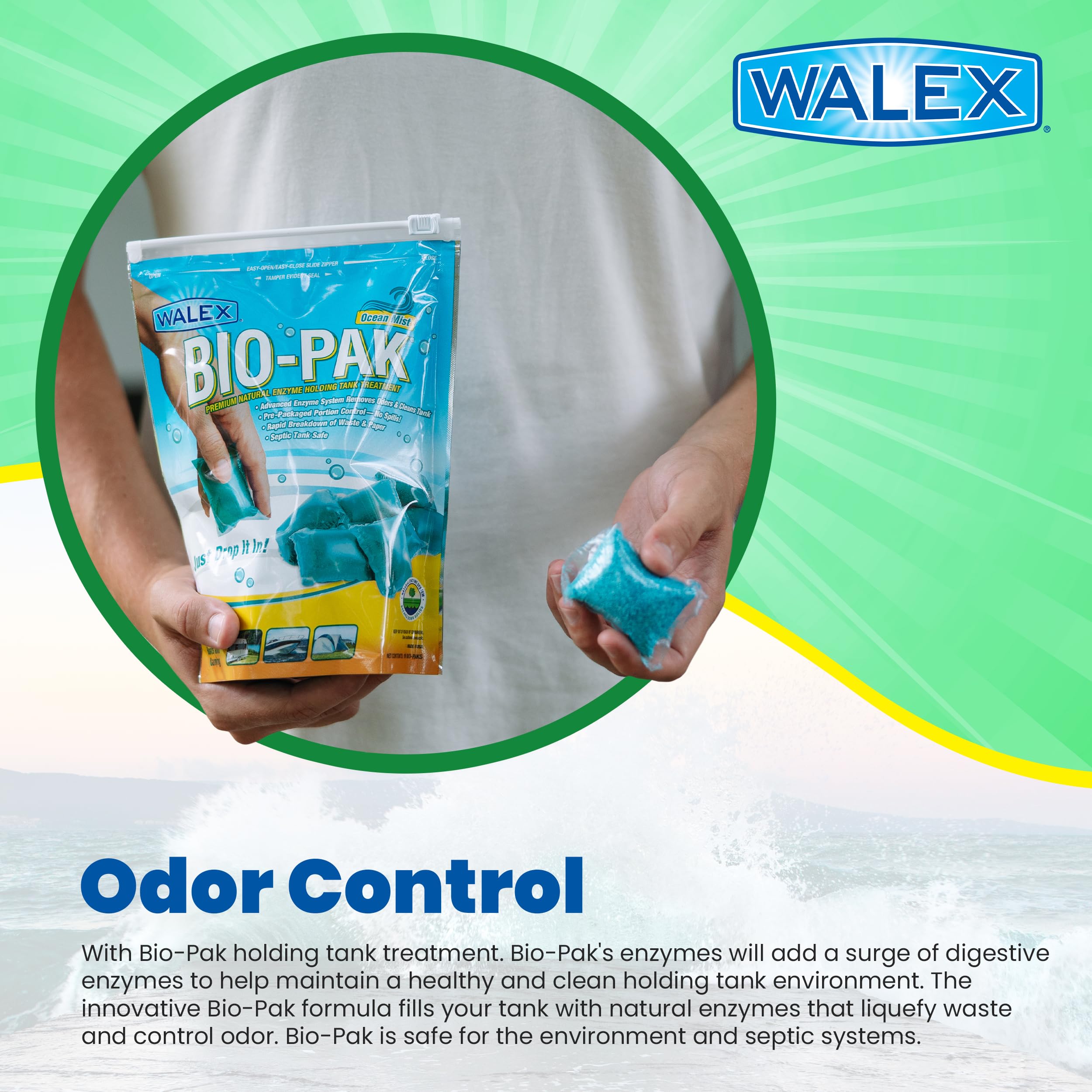 Walex Black Holding Tank Deodorizer & Waste Digester Bio-Pak Drop-Ins - Advanced Enzyme Formula for Rapid Breakdown of Waste & Paper, Removes Odors & Cleans Tank, Ocean Mist, 10-Pack