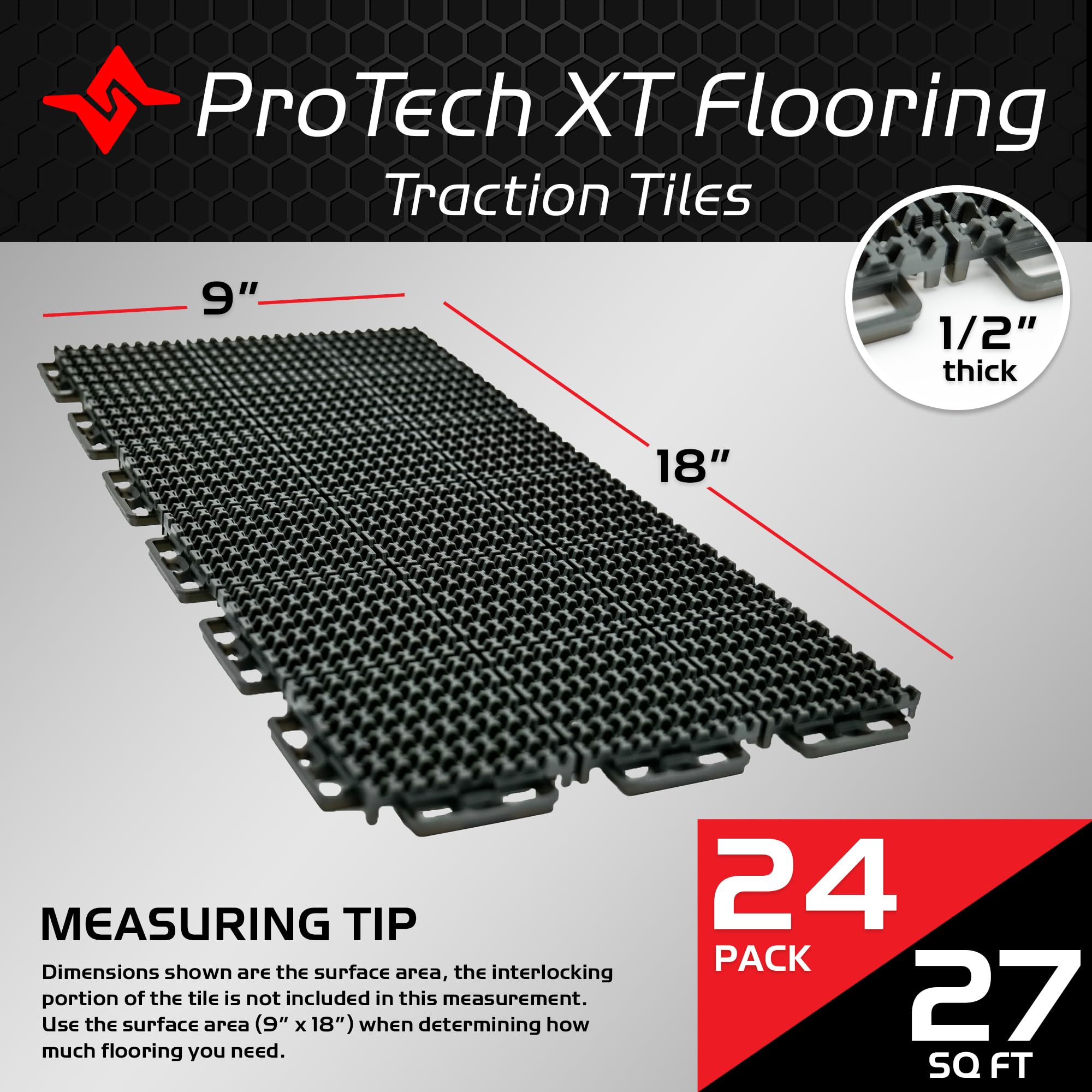 ProTech XT Caliber Garage Flooring and Trailer Deck Traction Tiles, 9” x 18” Interlocking Tiles, Red, 24-Pack
