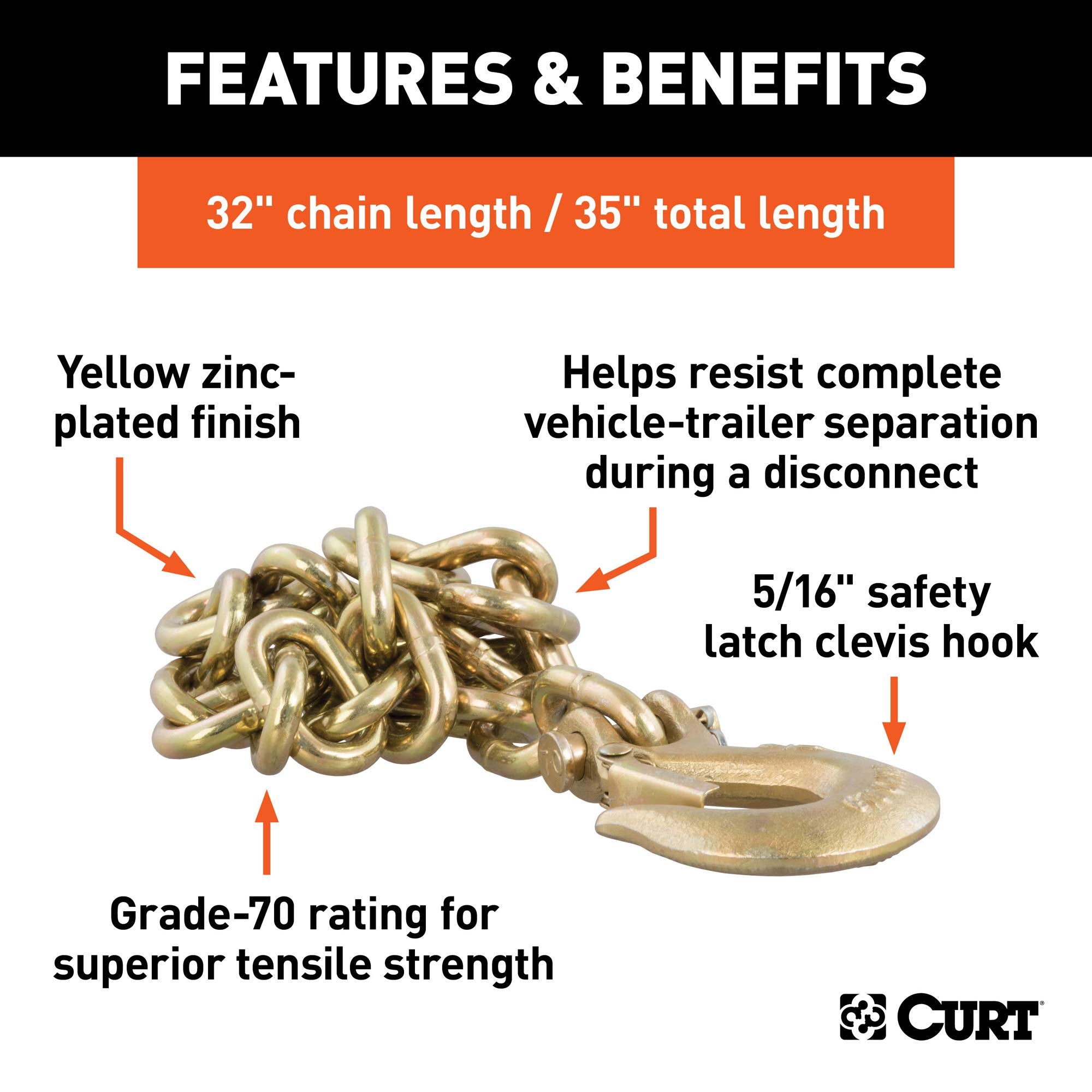 CURT 80304 35-Inch Safety Chain Trailer with 5/16-In Clevis Snap Hook, 18,800 lbs Break Strength, Small, YELLOW ZINC