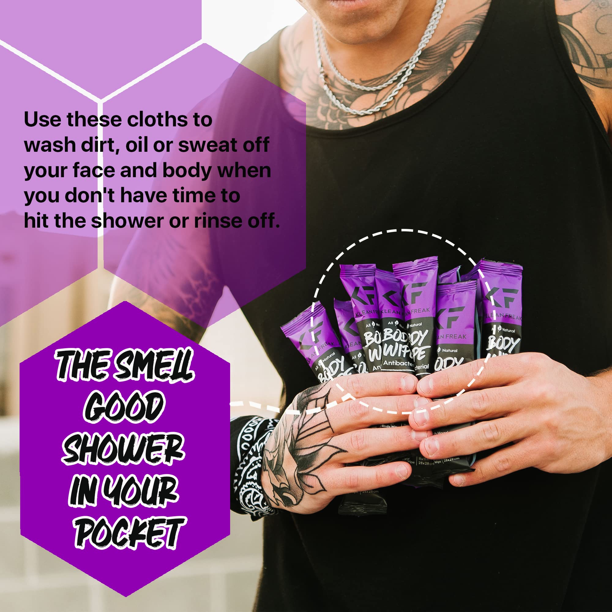 The Klean Freak Body Wipes - 12 count Wrapped Individually | Showerless Body Wipe for Women & Men | Sustainable Bodywipes for Gym, Travel, Camping | Lavender