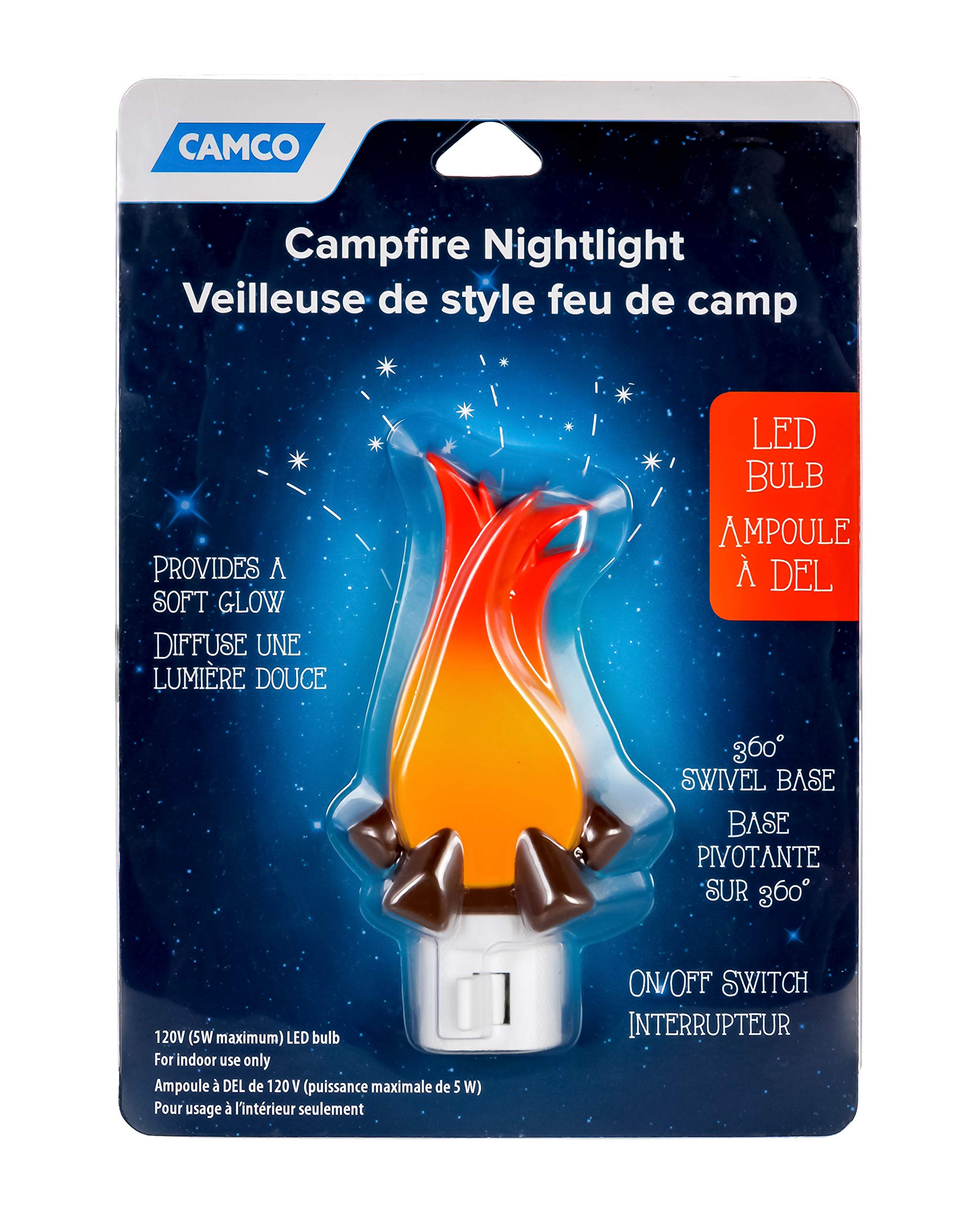Camco Night Light Campfire Plug-in - Uses LED Bulbs, Creates Warm Glow - Camper Decor Features Fun Design, 360 Degree Swivel Base, and On/Off Switch - Great for RVs and Campers (53087)