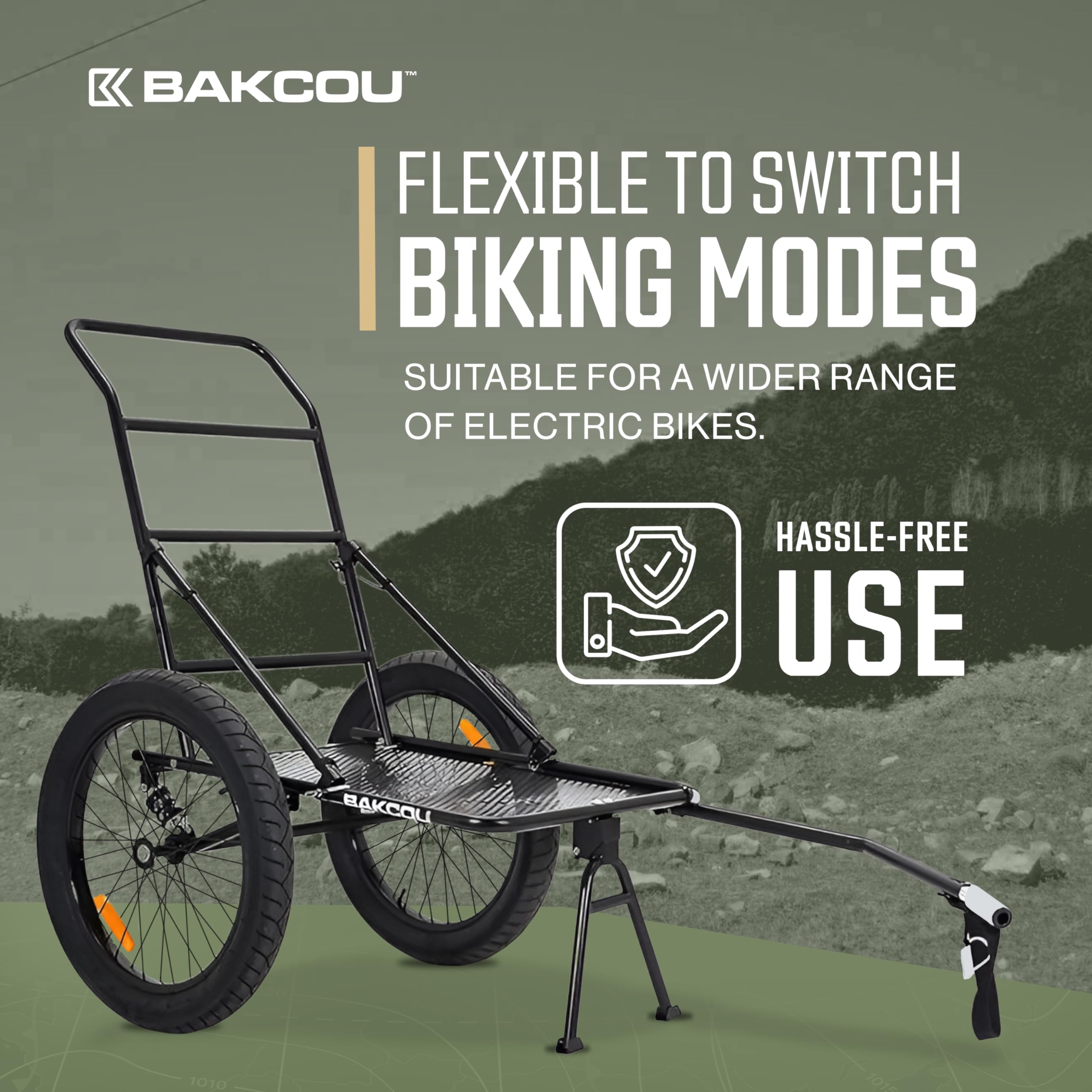 Folding Utility eBike Trailer - Bakcou Hitch Attachment, Axle Extenders, 16x3 Fat Tires, Heavy-Duty Cargo Storage Cart with Canvas Liner