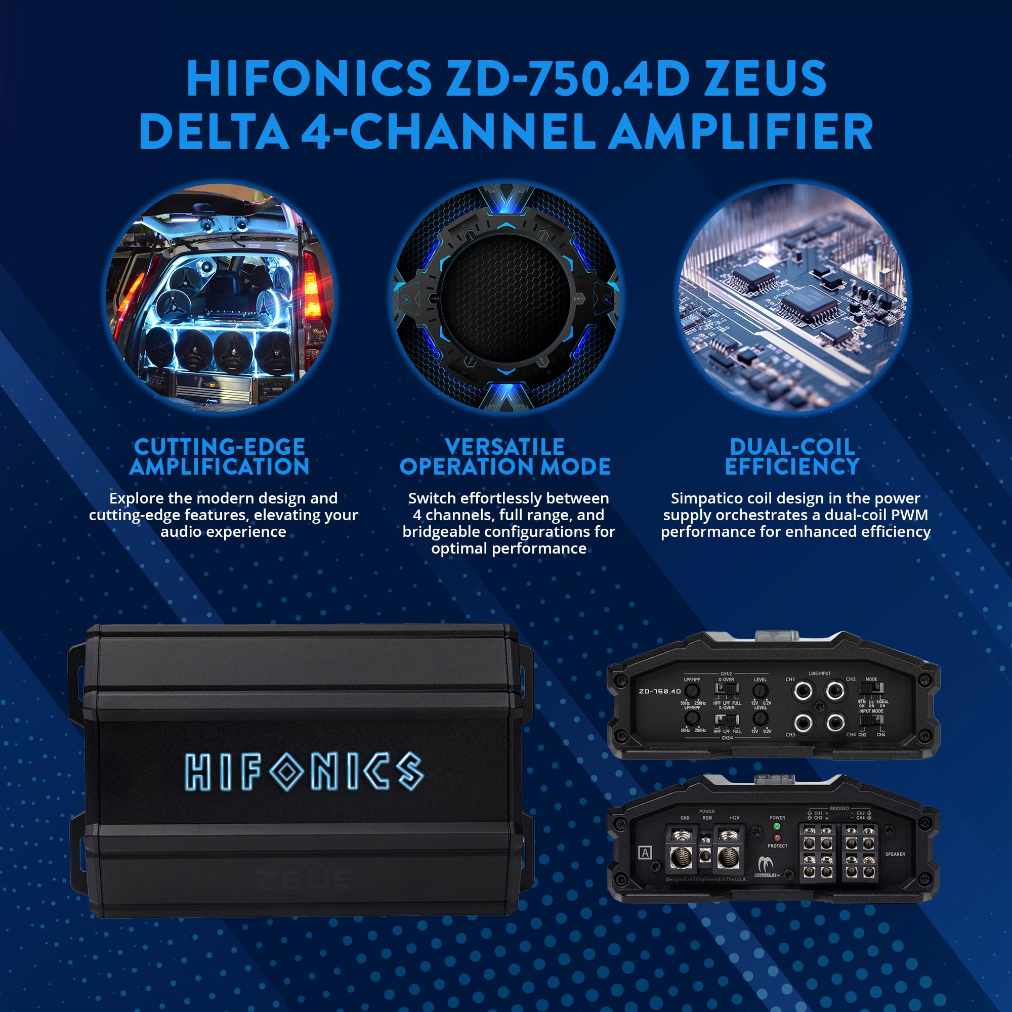 Hifonics Delta Zeus 750 Watt Compact 4 Channel Nickel Plated Mobile Car Audio Amplifier with Auto Turn On Feature, ZD-750.4D, Black