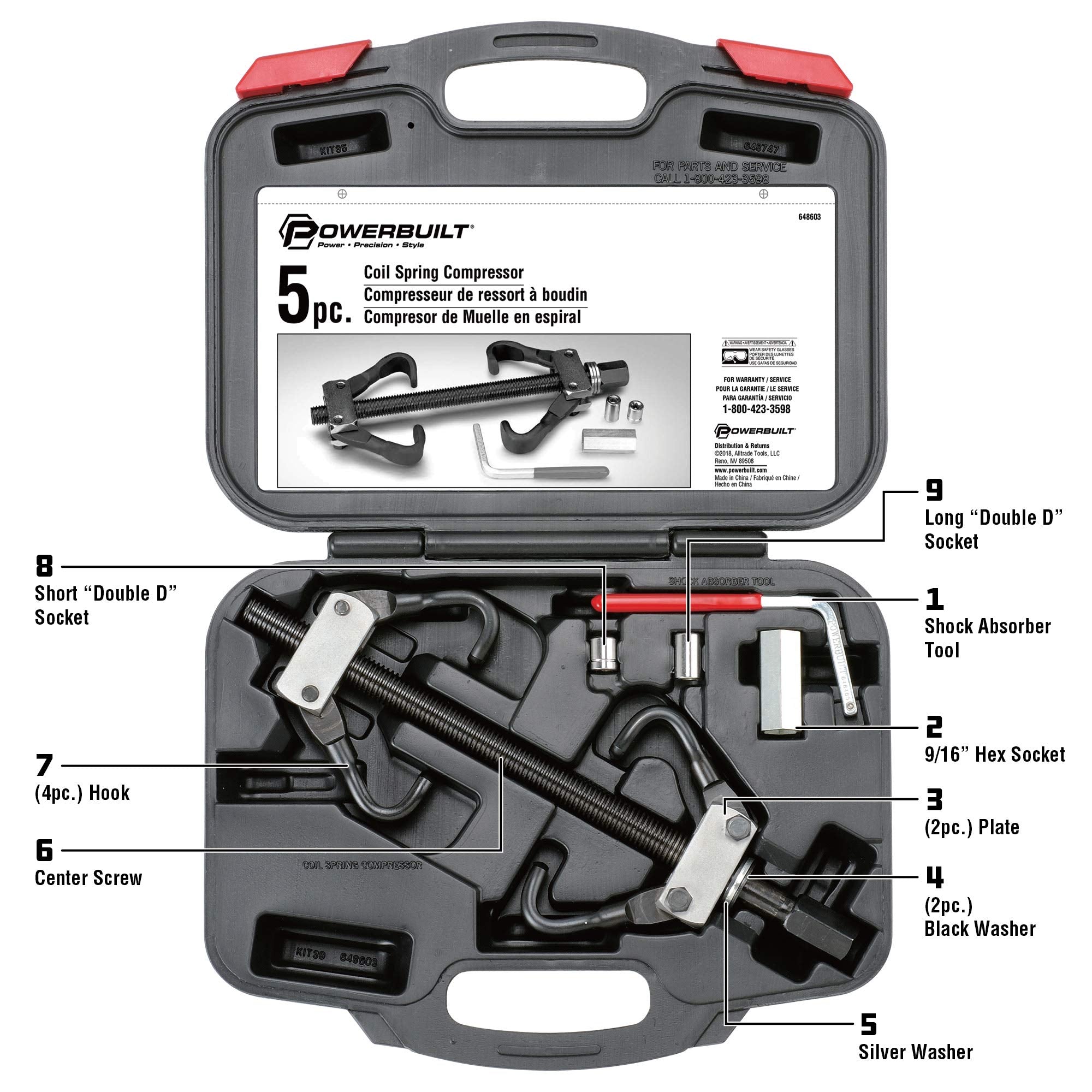 Powerbuilt Coil Spring Compressor Tool Kit, 5 Piece, Shock Absorbers, Straight or Curved Coil Springs, Domestic and Foreign, Storage Case - 648603, Black