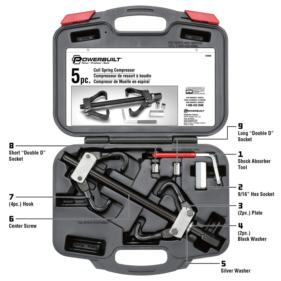 Powerbuilt Coil Spring Compressor Tool Kit, 5 Piece, Shock Absorbers, Straight or Curved Coil Springs, Domestic and Foreign, Storage Case - 648603, Black