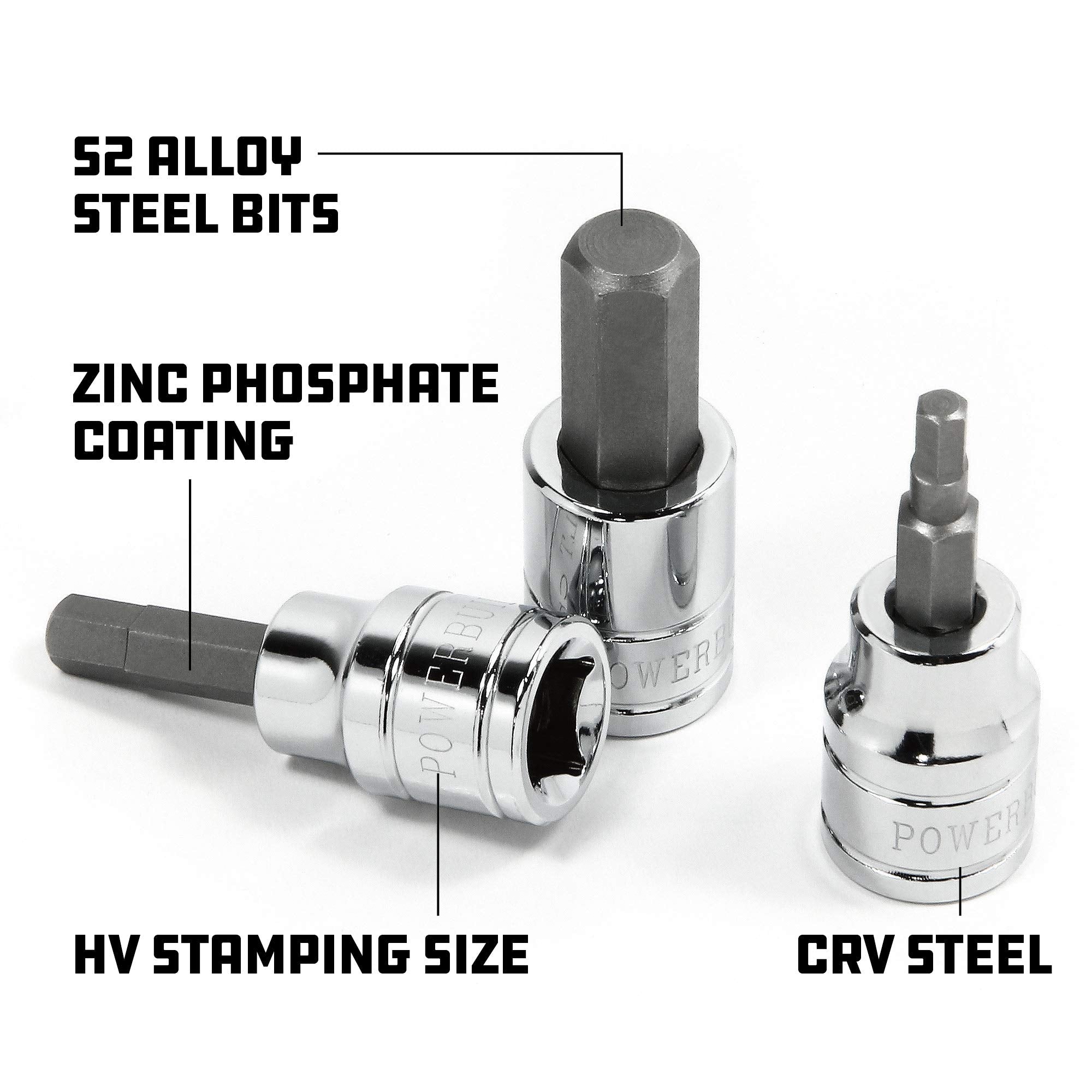 7 Piece Powerbuilt 3/8 Inch Drive SAE Hex Bit Socket Set, Sizes 1/8"-3/8", S2 Bits and Chrome-Vanadium Sockets, Hangable Storage Tool Holder - 648661