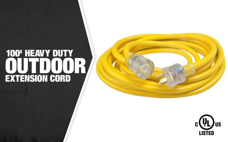 Extra Heavy Duty Southwire Extension Cord, 100Ft, 10 Gauge, 3 Conductor, Outdoor Cord, Lighted End, SJTW, Yellow, 2689SW0002
