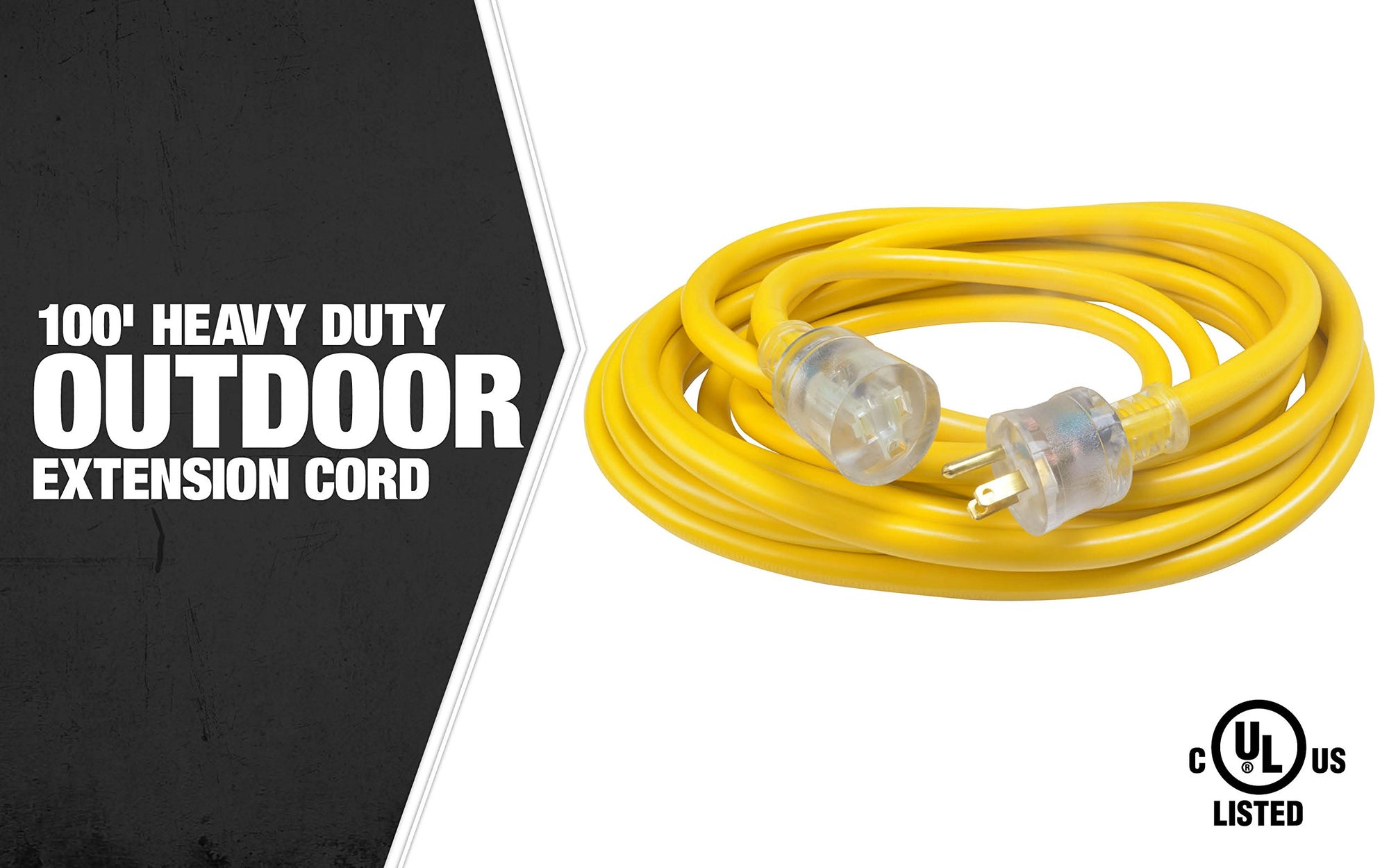 Extra Heavy Duty Southwire Extension Cord, 100Ft, 10 Gauge, 3 Conductor, Outdoor Cord, Lighted End, SJTW, Yellow, 2689SW0002