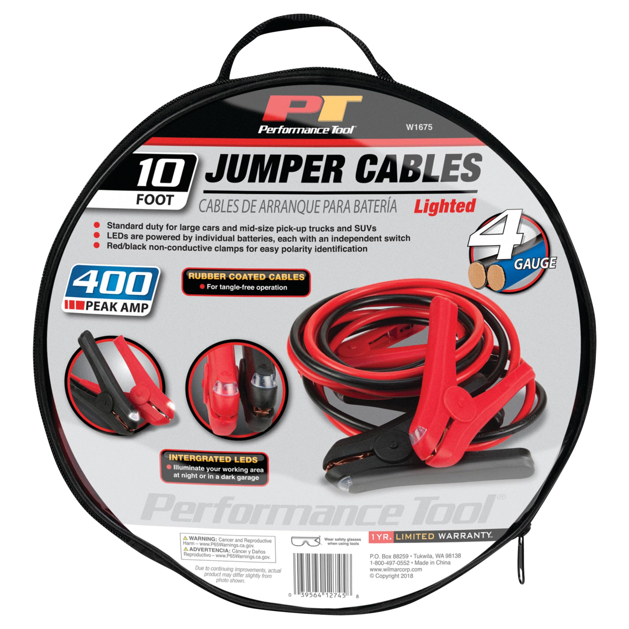10ft Performance Tool W1675 4GA Lighted Jumper Cables - Tangle-Free, Heavy Duty Clamps, Suitable for Trucks, SUVs, and Other Large Vehicles