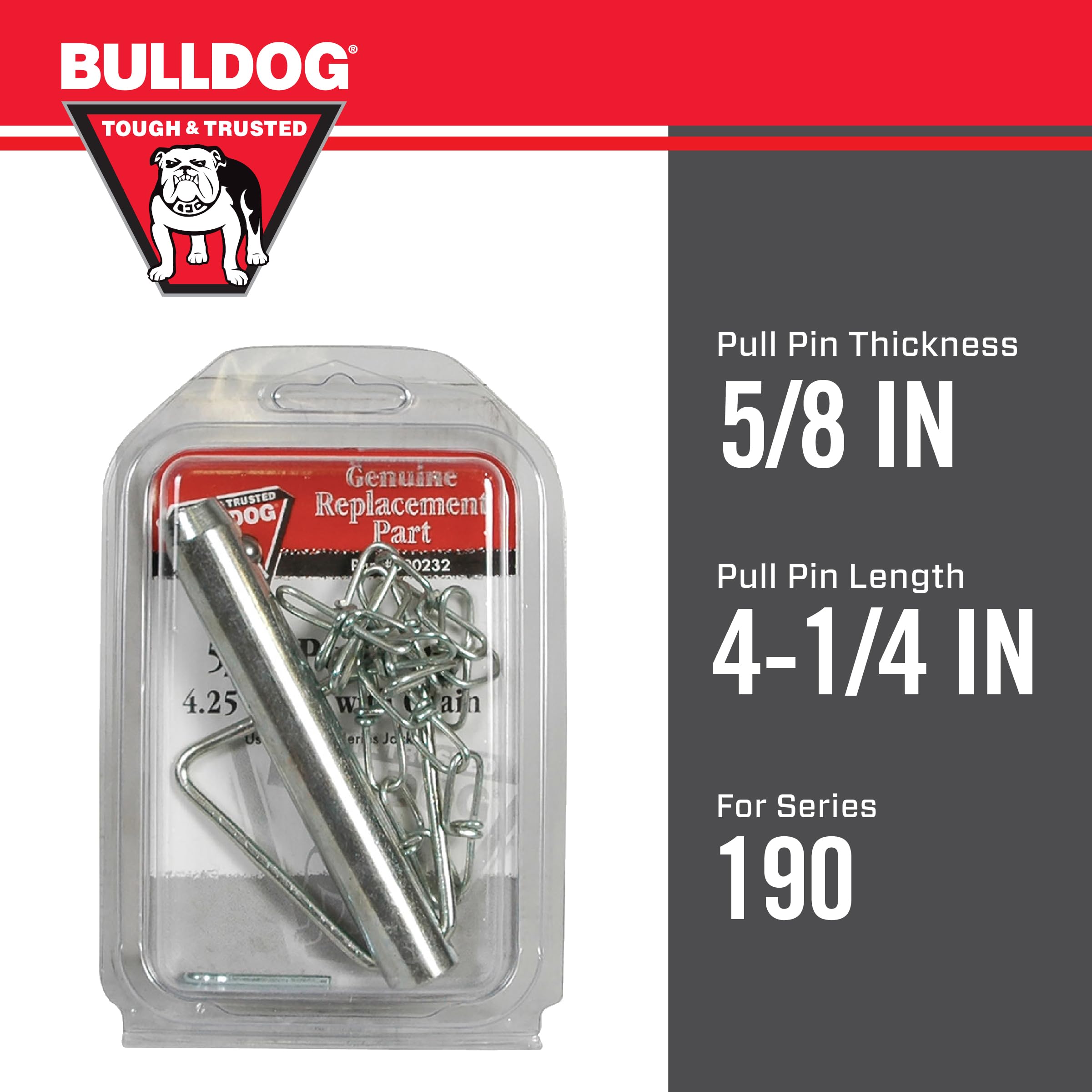 500232 Bulldog Trailer Jack Accessory, Kit, 5/8 Inch Pull Pin, 4.25 Inch Tall, w/Chain for 190's