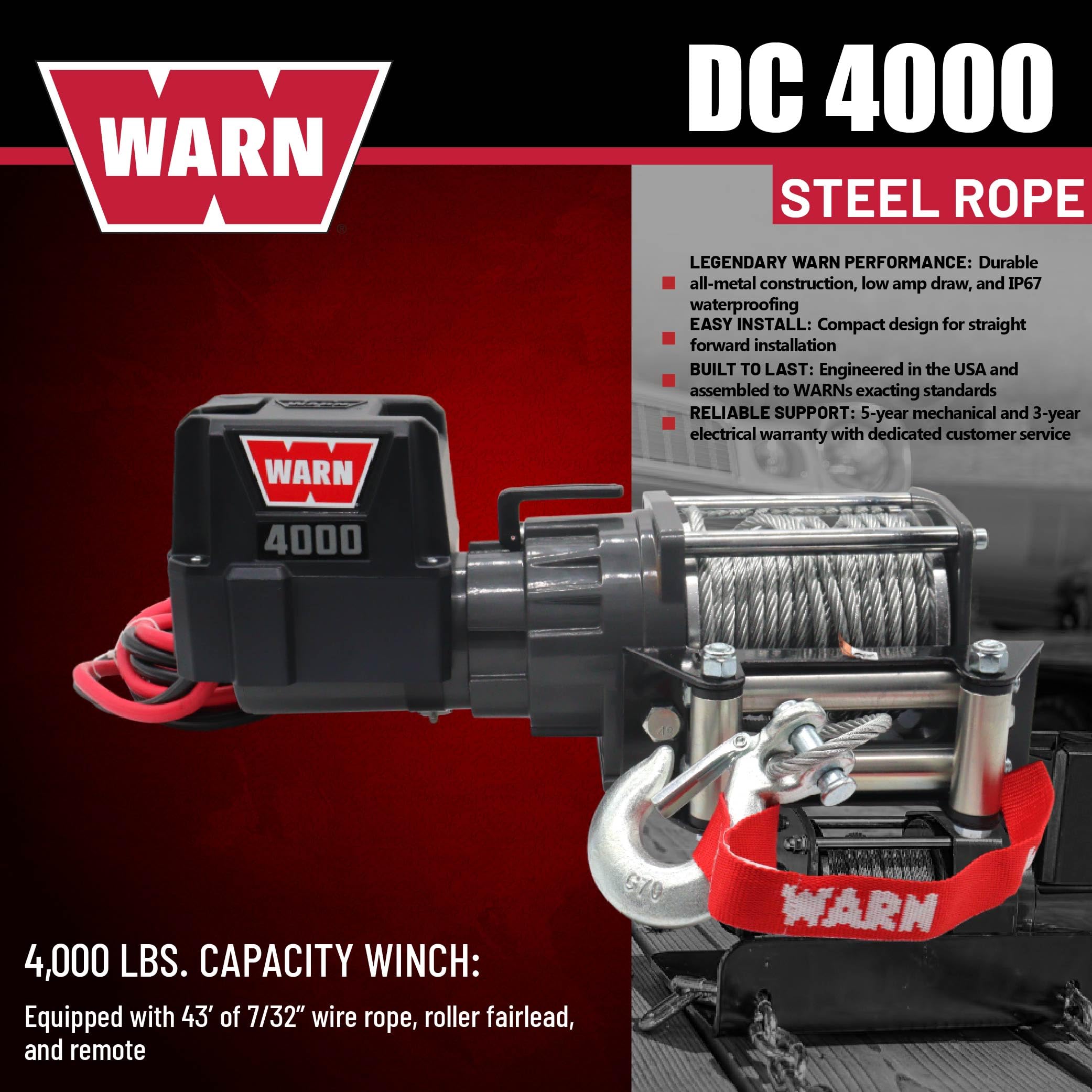 4000 WARN DC 12V Utility Winch with Wire Rope - 4000 lb Pulling Capacity, 50' Galvanized Steel Cable, Roller Fairlead, Wired Remote - 94000 Portable 12 Volt Winch for UTV, ATV, Truck, Trailer