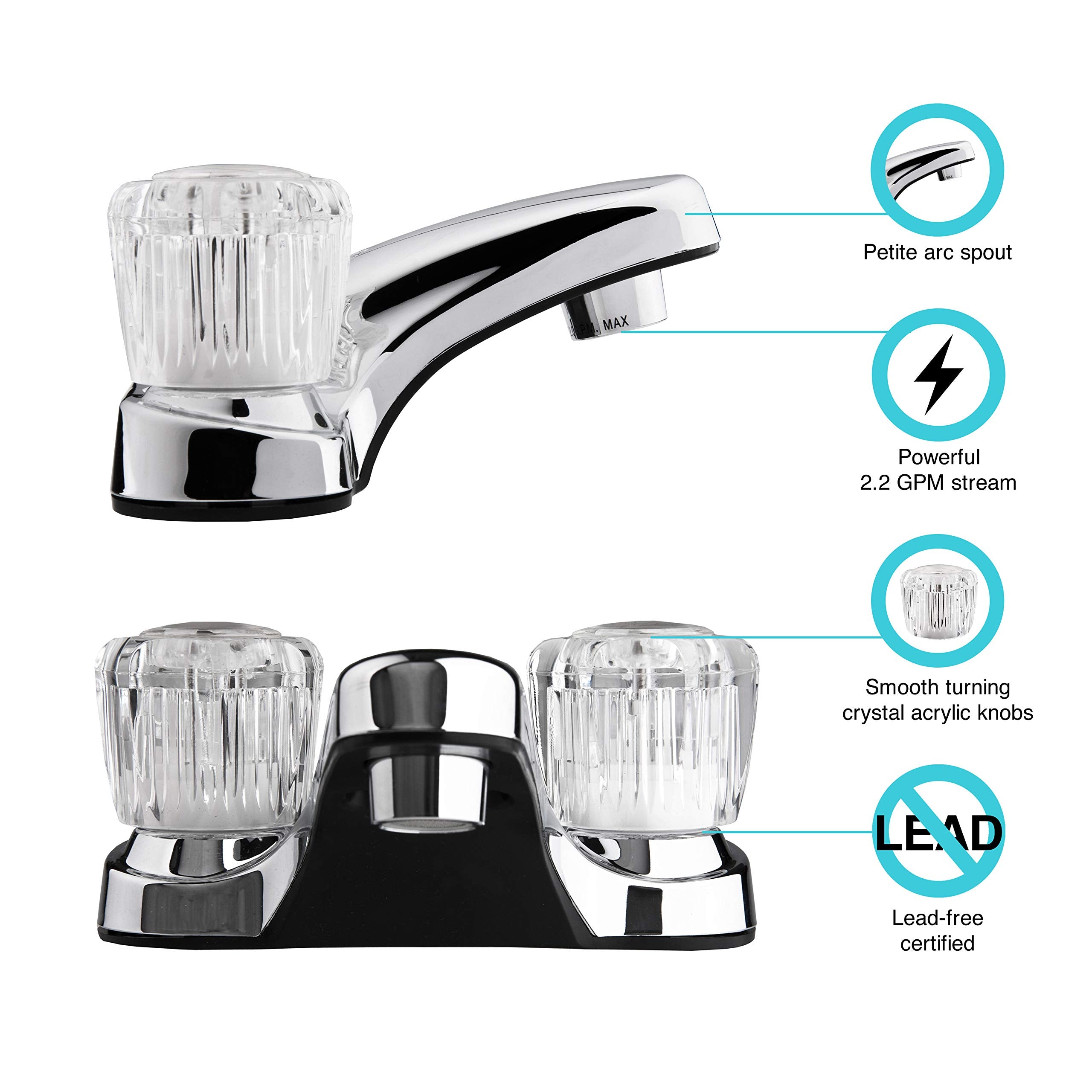 Dura Faucet RV Bathroom Sink Faucet DF-PL700A-CP with Clear Acrylic Knobs - 2-Handle (Chrome)