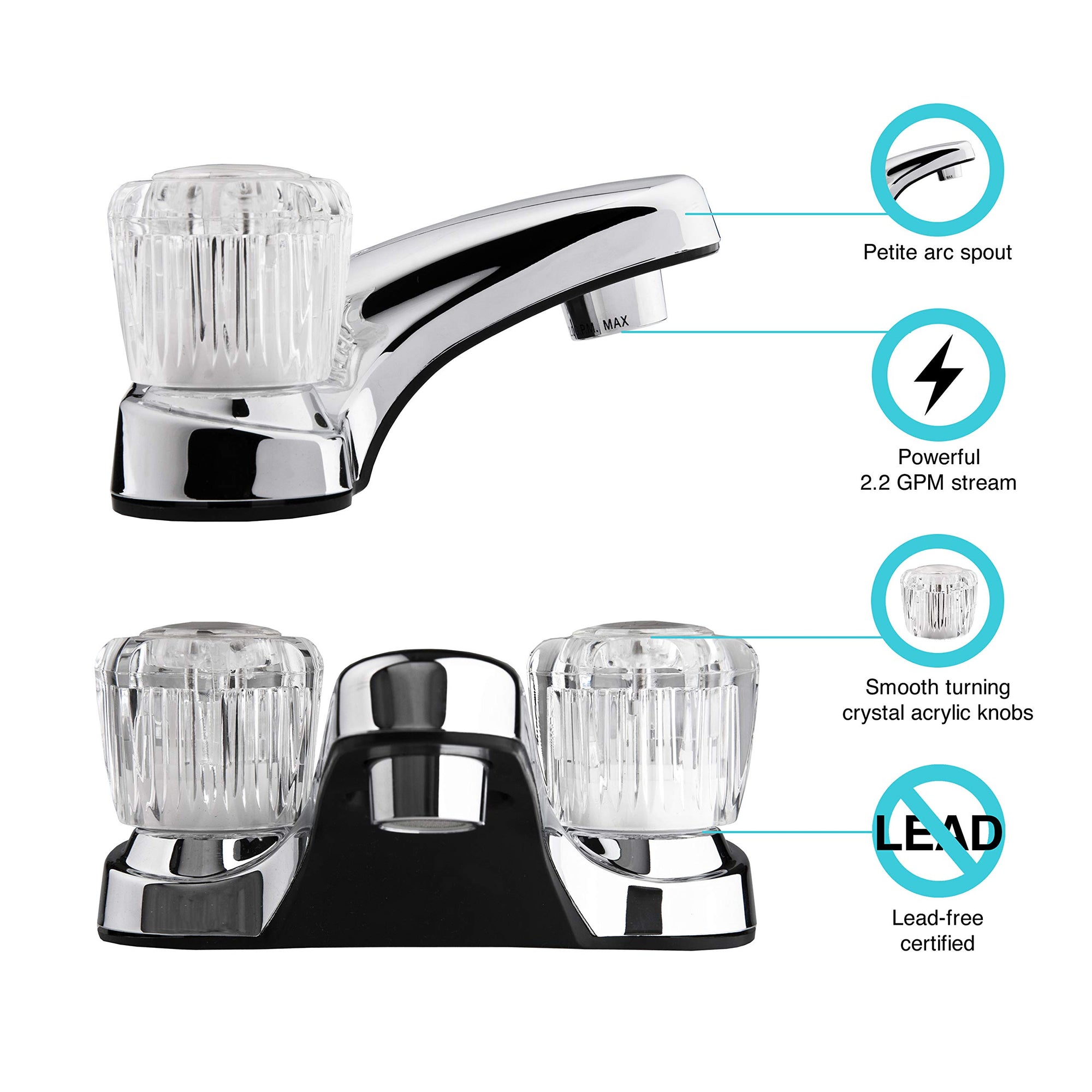 Dura Faucet RV Bathroom Sink Faucet DF-PL700A-CP with Clear Acrylic Knobs - 2-Handle (Chrome)