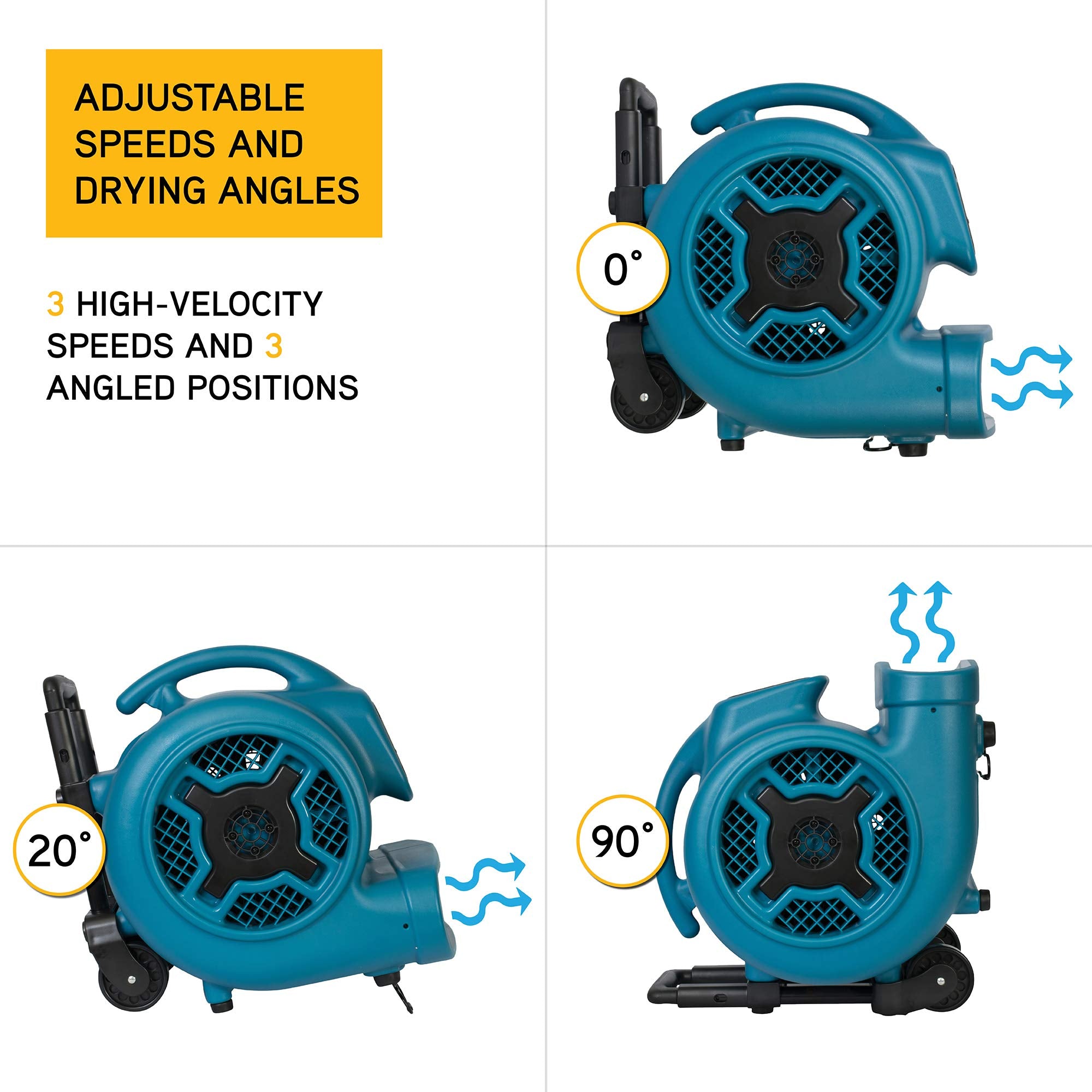 1 HP XPOWER P-830H 3600 CFM Centrifugal Air Mover, Carpet Dryer, Floor Fan, Blower, Telescopic Handle and Wheels, for Water Damage Restoration, Janitorial, Plumbing, Home Use