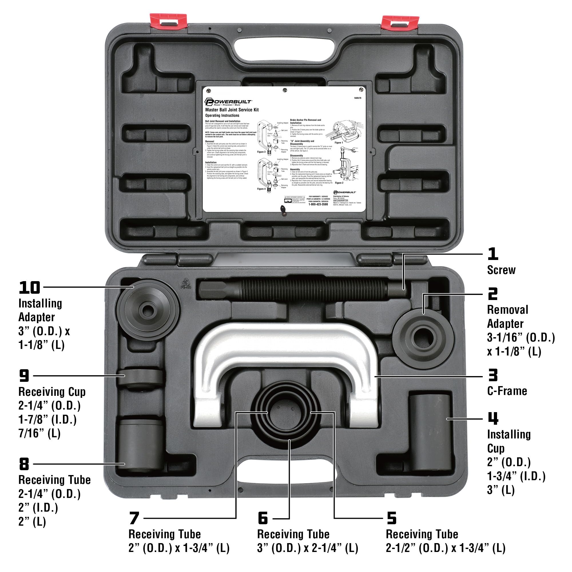 Powerbuilt Master Service Tool Kit, Ball Joint 10 Piece, Remove and Replace Ball Joints and U-Joints, Cars, Light Trucks, Storage Case - 940579, Black