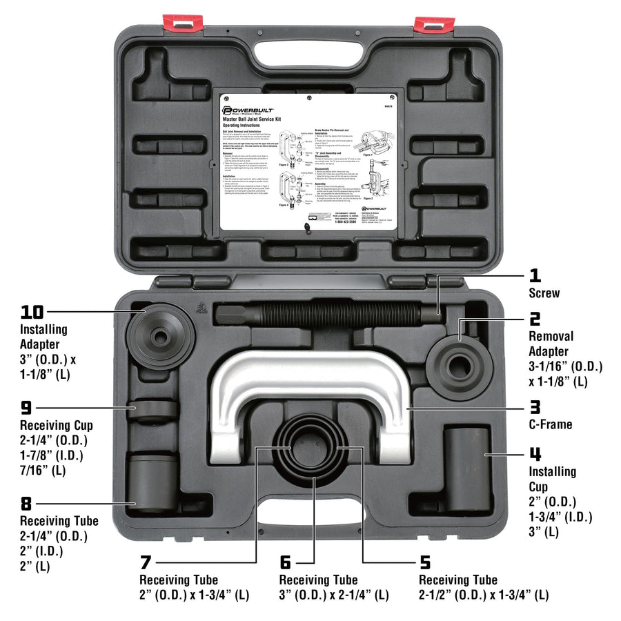 Powerbuilt Master Service Tool Kit, Ball Joint 10 Piece, Remove and Replace Ball Joints and U-Joints, Cars, Light Trucks, Storage Case - 940579, Black