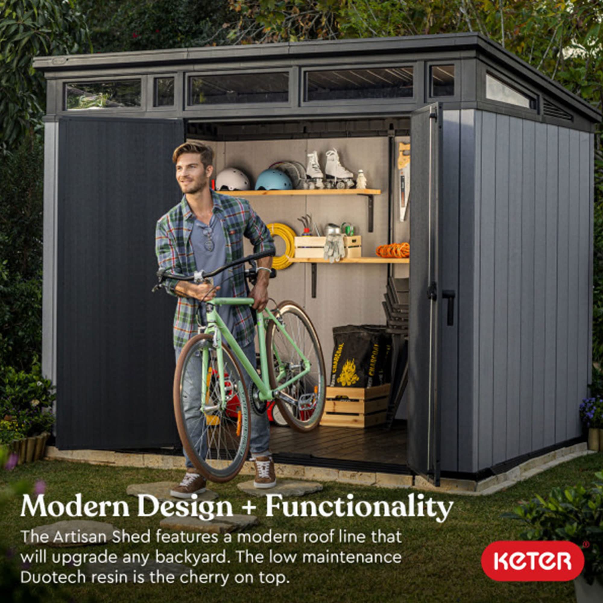 Artisan Keter 9x7 Foot Large Outdoor Shed with Floor with Modern Design for Patio Furniture, Lawn Mower, Tools, and Bike Storage, feet, Grey/Black