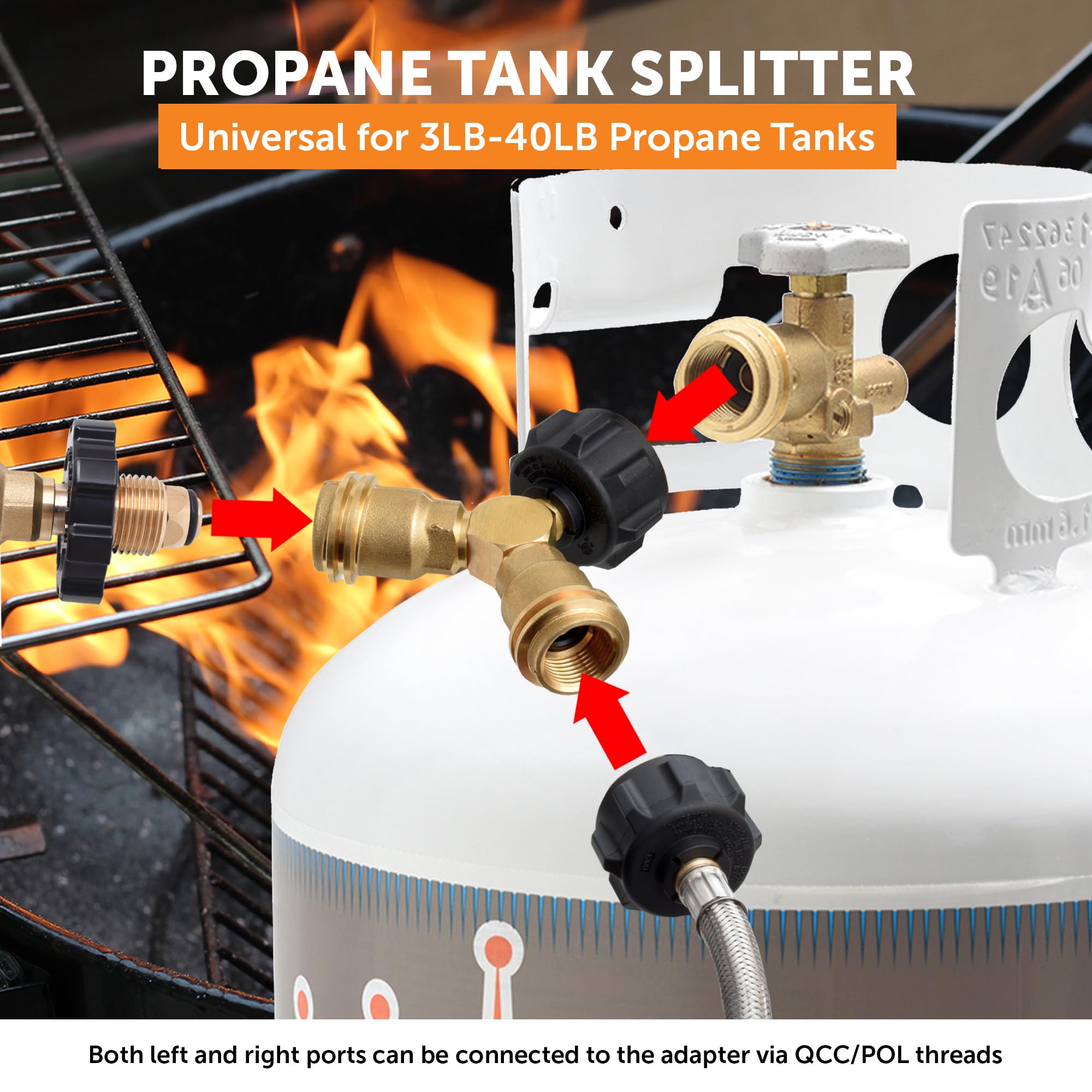 Propane Tank Flame King Y Splitter Adapter with Valves, 2-Way LP Gas Connector for 20lb Propane Tank Cylinders, Works with BBQ Grills, Camping Stoves, Gas Burners, Heaters