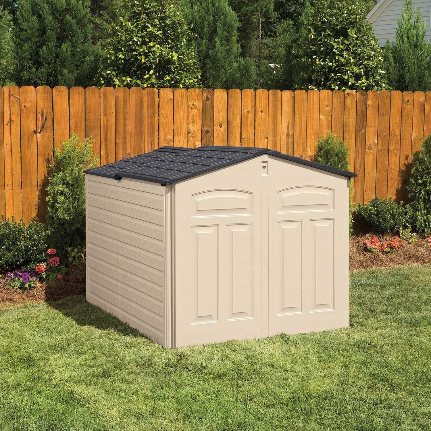 Slide-Lid Rubbermaid Resin Outdoor Storage Shed (5 x 6.5 Ft), Weather Resistant, Beige/Brown, Organization for Home/Backyard/Garden Tools/Lawn Mower/Bike Storage/Pool Supplies