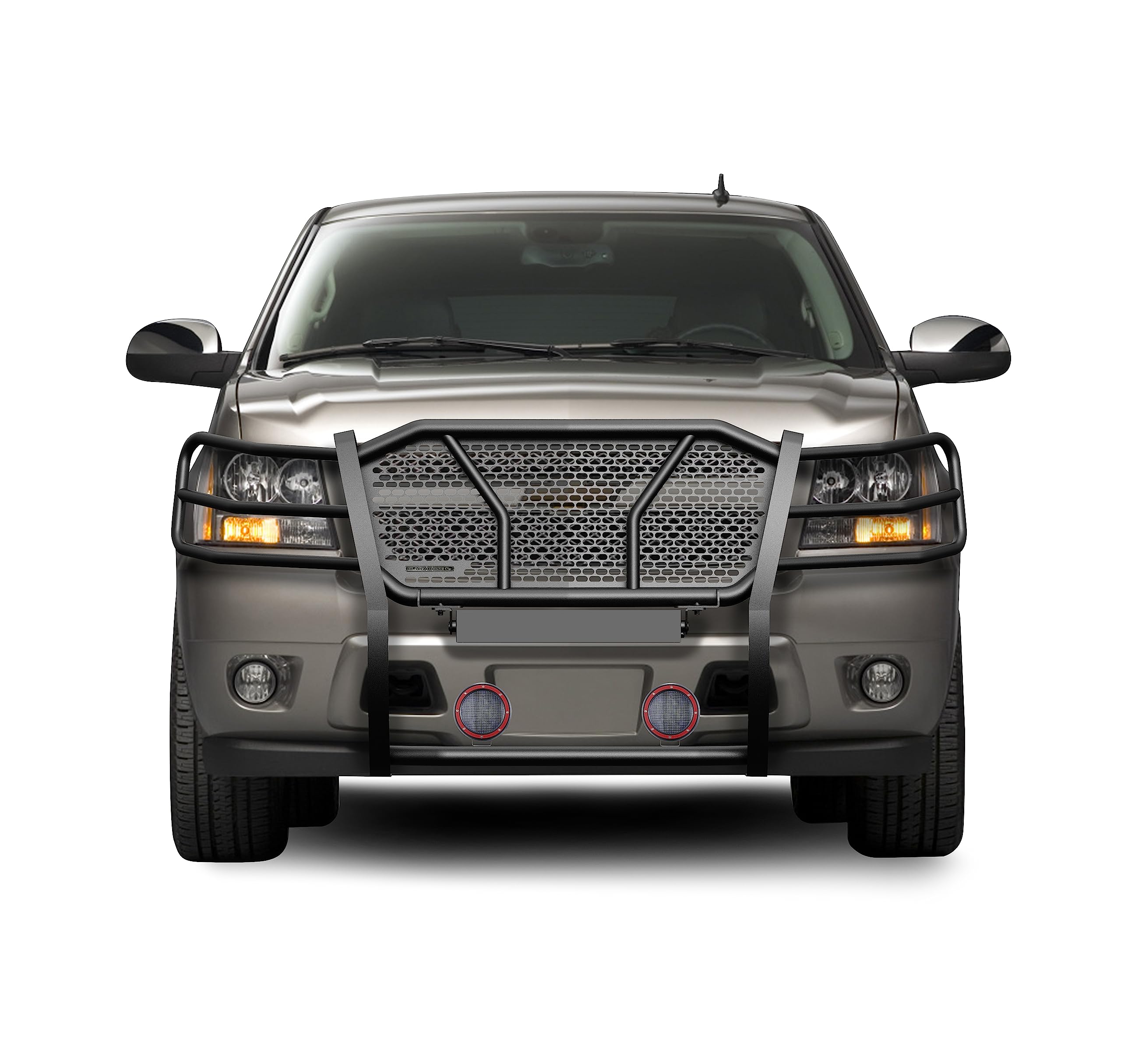 Rugged HD Black Horse Grille Brush Bumper Guard Modular Black Come with Pair of 5.3" LED Lights with Red Trim Rings Compatible with 2007-2014 Tahoe/Suburban 1500|2007-2013 Avalanche-RU-CHTA07-B-PLFR