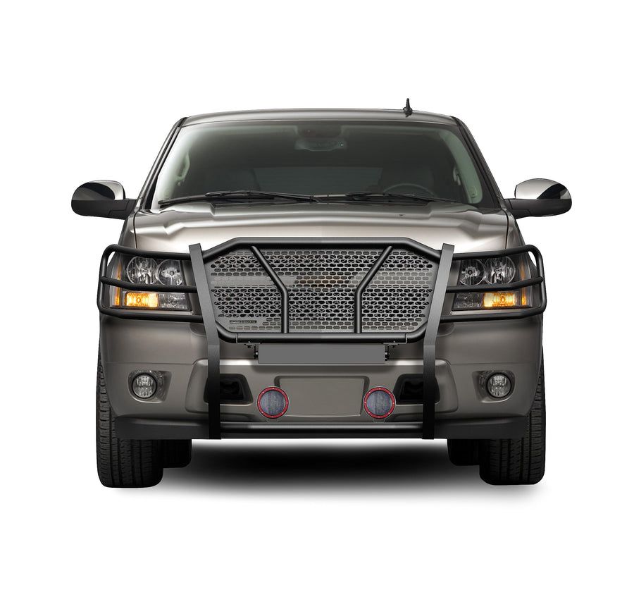 Rugged HD Black Horse Grille Brush Bumper Guard Modular Black Come with Pair of 5.3" LED Lights with Red Trim Rings Compatible with 2007-2014 Tahoe/Suburban 1500|2007-2013 Avalanche-RU-CHTA07-B-PLFR