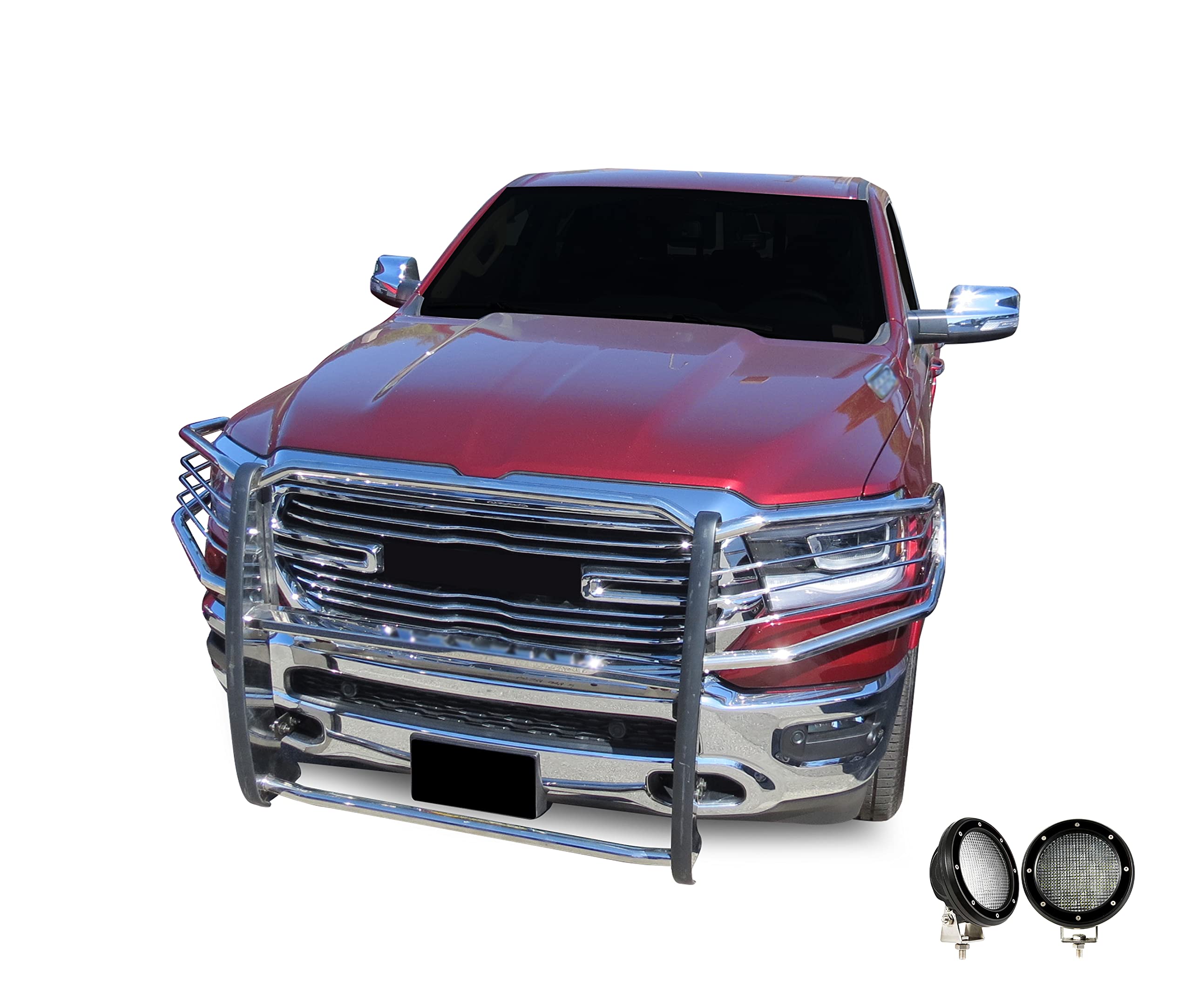 Bumper Guard Black Horse Grille Brush Modular Stainless Steel Come with Pair of 5.3" Dia.LED Lights with Black Trim Rings Compatible with 2019-2024 Ram 1500-17DG111MSS-PLFB