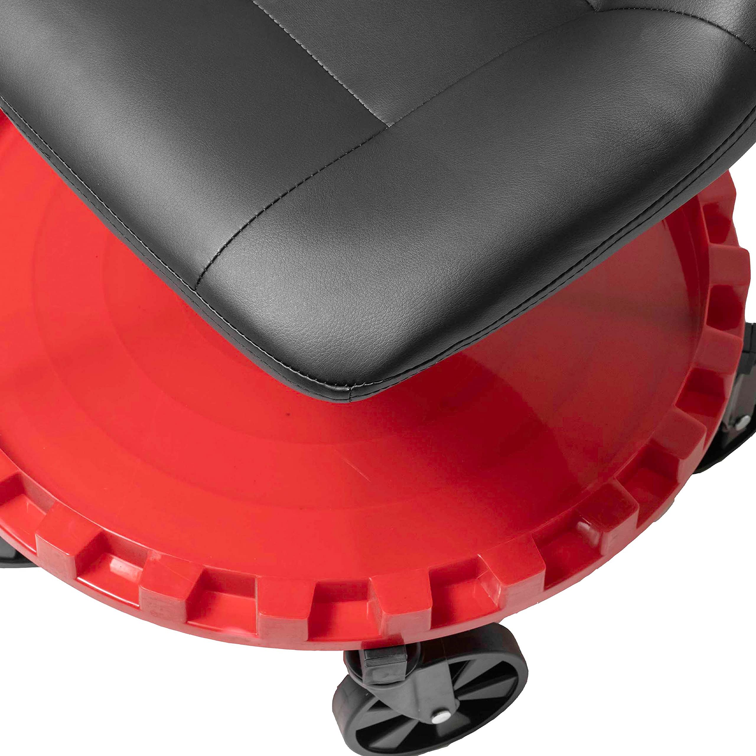 Monster Traxion 2-230 Rolling Padded Mechanic Stool Seat Garage Shop Roller Work Chair with Wheels and Tool Tray, Heavy-Duty 400-lb Capacity, All-Terrain 5" Casters, Black Red