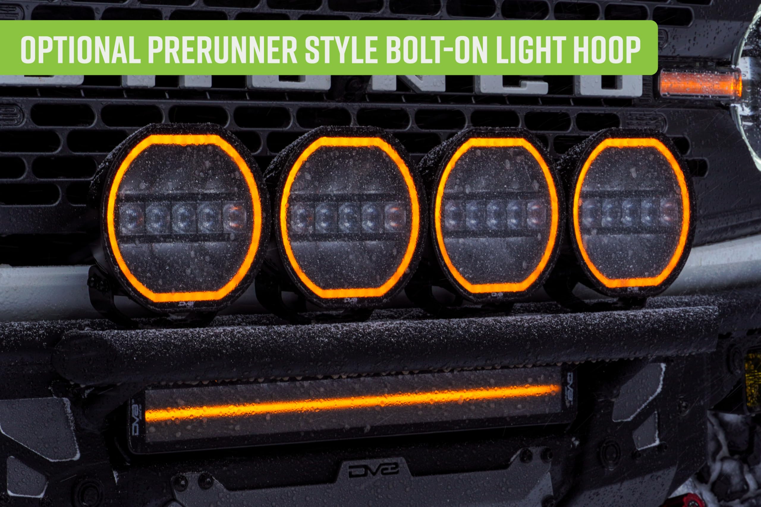 Front Bumper DV8 Offroad Tube Series for 2021-2025 Ford Bronco | Ultra High-Clearance Design | Center Light Mount | Prerunner Style Bolt-On Light Hoop | Recovery Points | Front Skid Plate | Steel