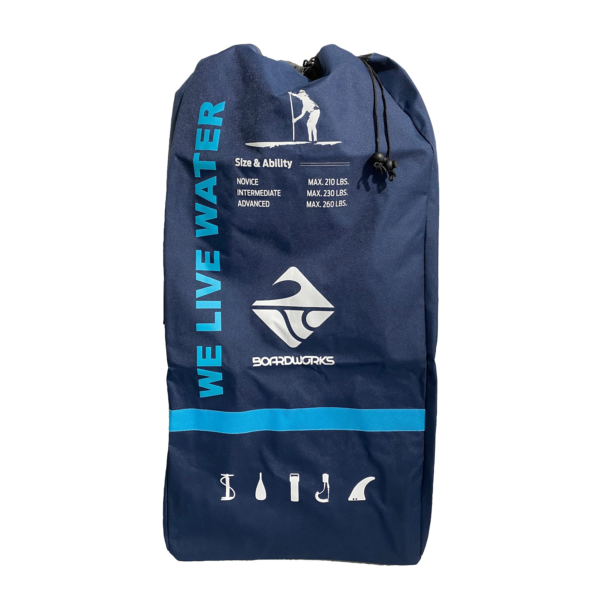Inflatable Boardworks Lūnr Stand-Up Paddle Board (iSUP) | SUP Package Includes Three Piece Paddle, Carry Bag, Leash, Phone Case and Pump (SUP) Complete Kit | 10’5”, Blue/White