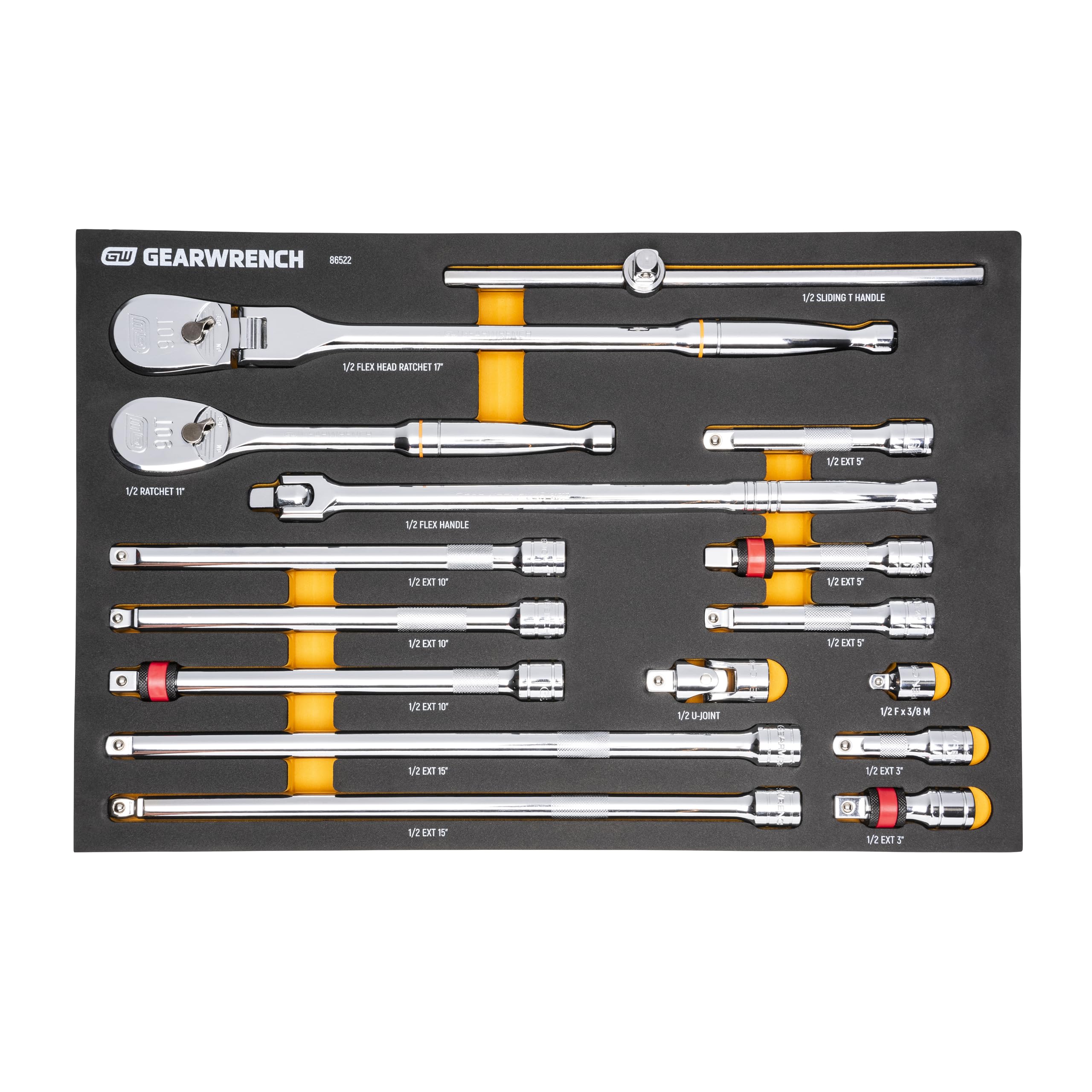 16 Piece GEARWRENCH 1/2" 90T Ratchet & Drive Tool Set with EVA Foam Tray - 86522