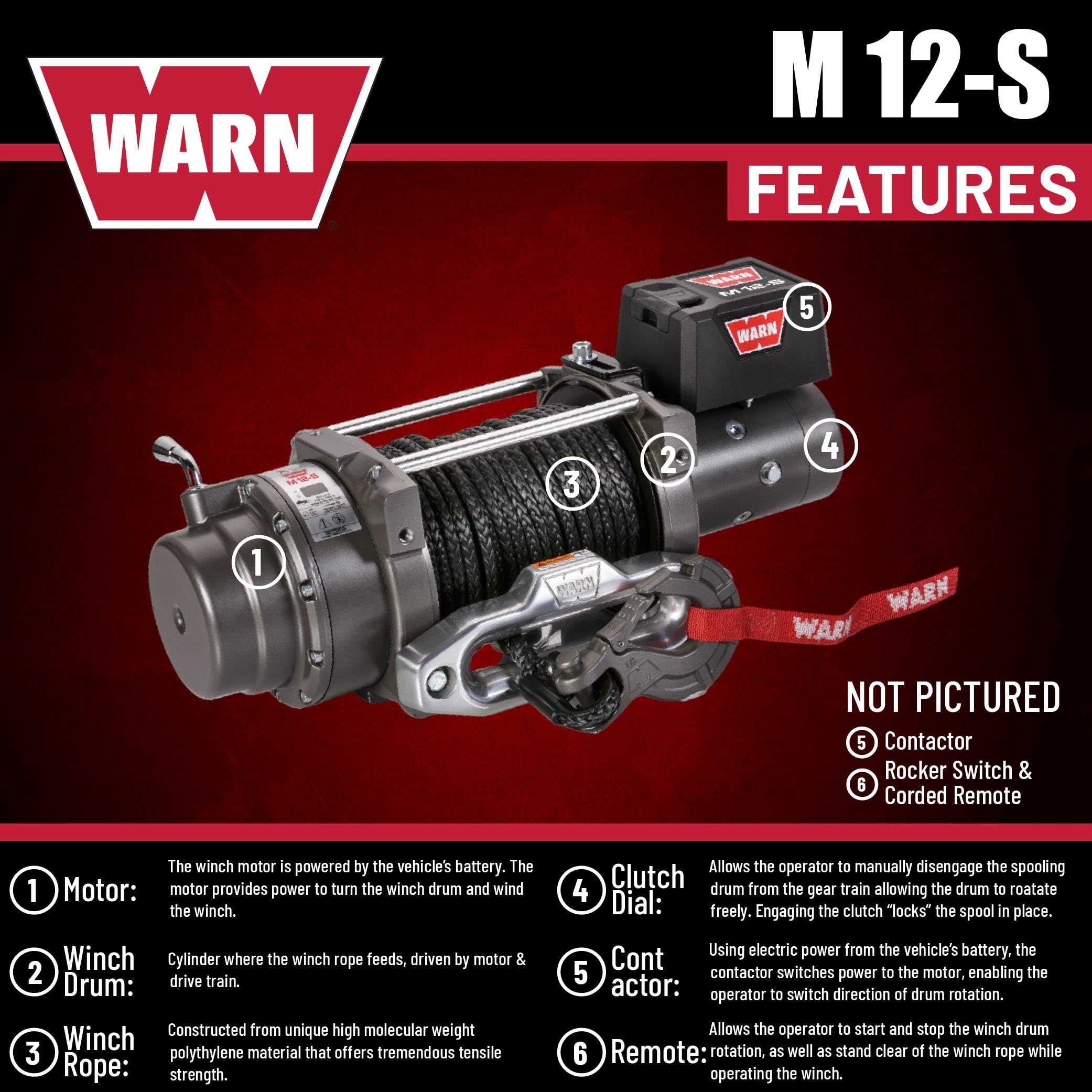 12V WARN M12-S Electric Heavyweight Winch – 12,000 lb Pulling Capacity, Synthetic Rope, Sealed Motor, IP68 Waterproof, All-Metal Gear Train for Off-Road Recovery & Industrial Use