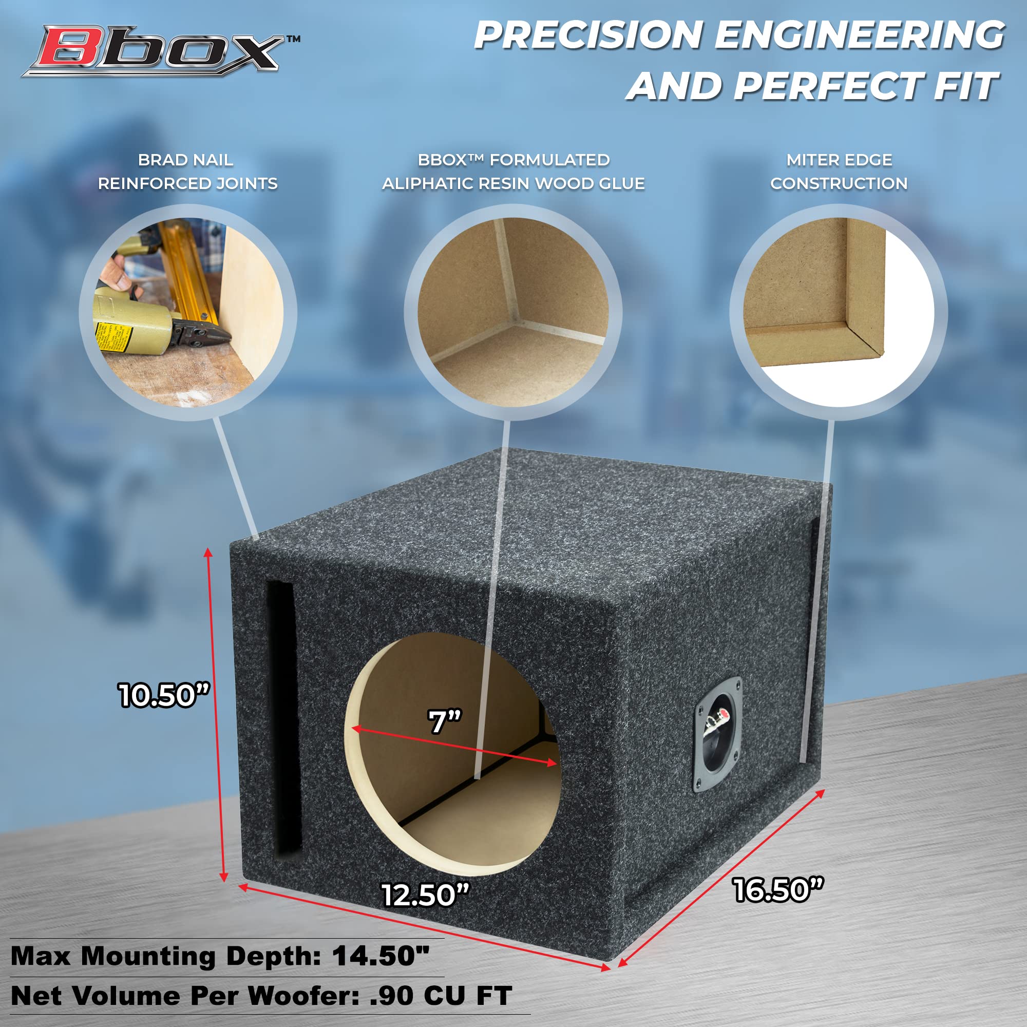 Atrend 8 inch Car Subwoofer Speaker Box Vented Enclosure Carpeted - Improves Audio Quality, Sound and Bass - High Grade MDF Construction with Nickel Finish Speaker Terminal - Black