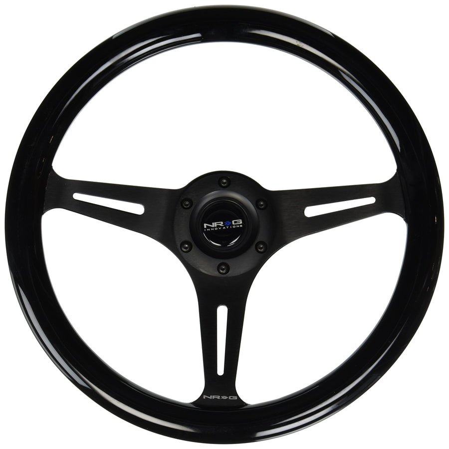 NRG Innovations Steering Wheel NRG-ST-015BK-BK - 350mm - 25mm Deep Configuration, Classic Wood Grain Wheel 3 Black Spokes- Black Paint Grip