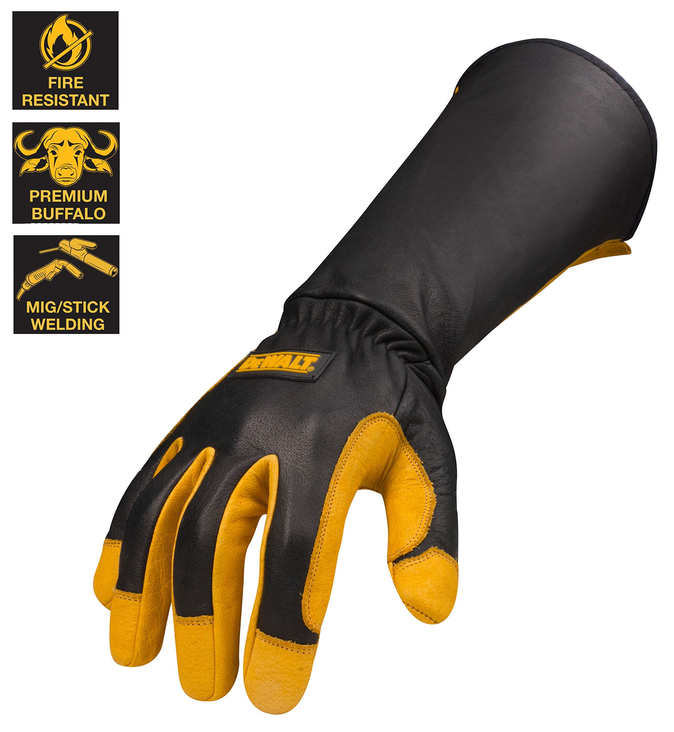 DEWALT Welding Gloves Premium Leather, Fire/Heat Resistant, Gauntlet-Style Cuff, Elastic Wrist, Medium