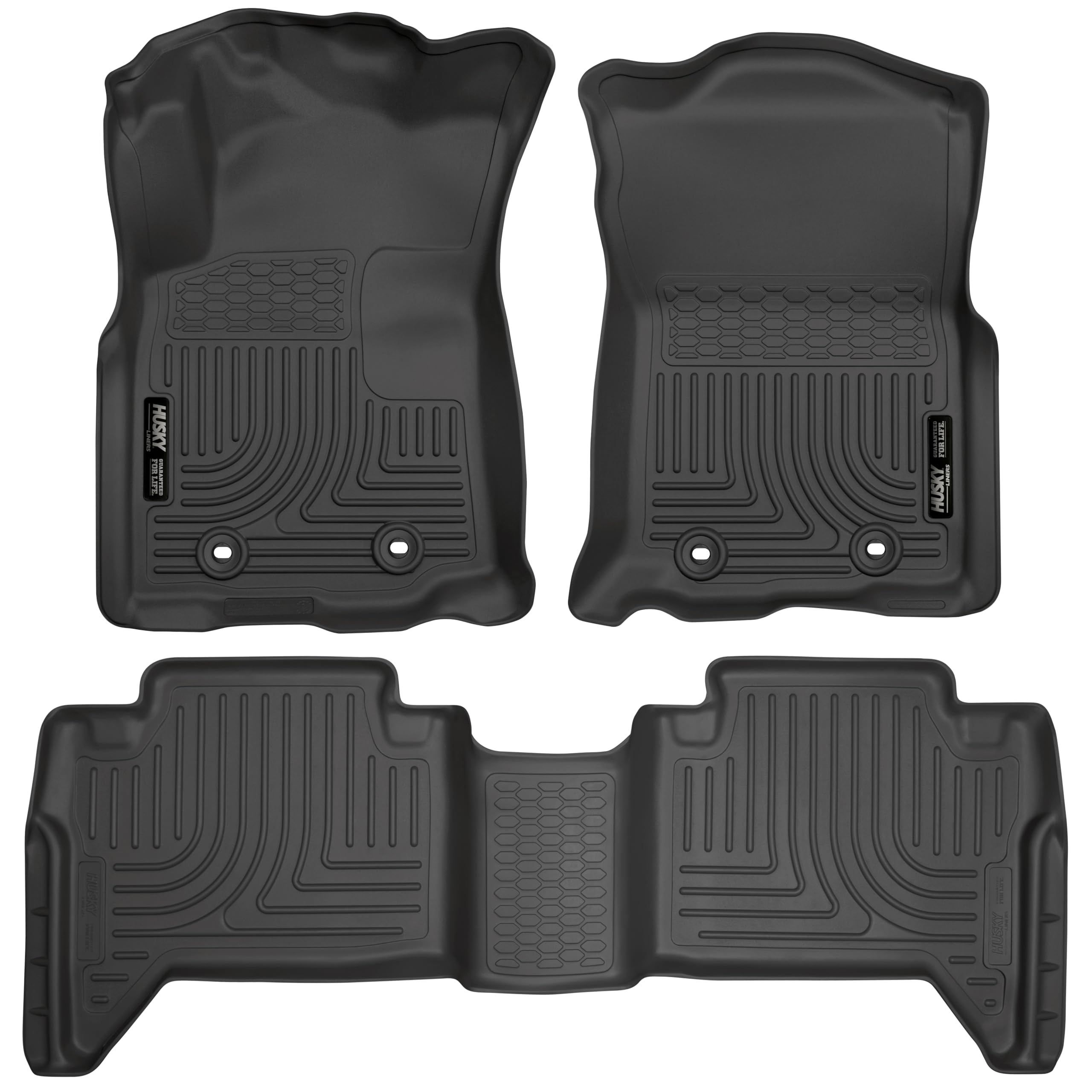 Husky Liners Floor Mats Weatherbeater | Fits 2018-2023 Toyota Tacoma, Automatic Transmission & Double CAB ONLY | Front & 2nd Row, 3-pc Black - 93941