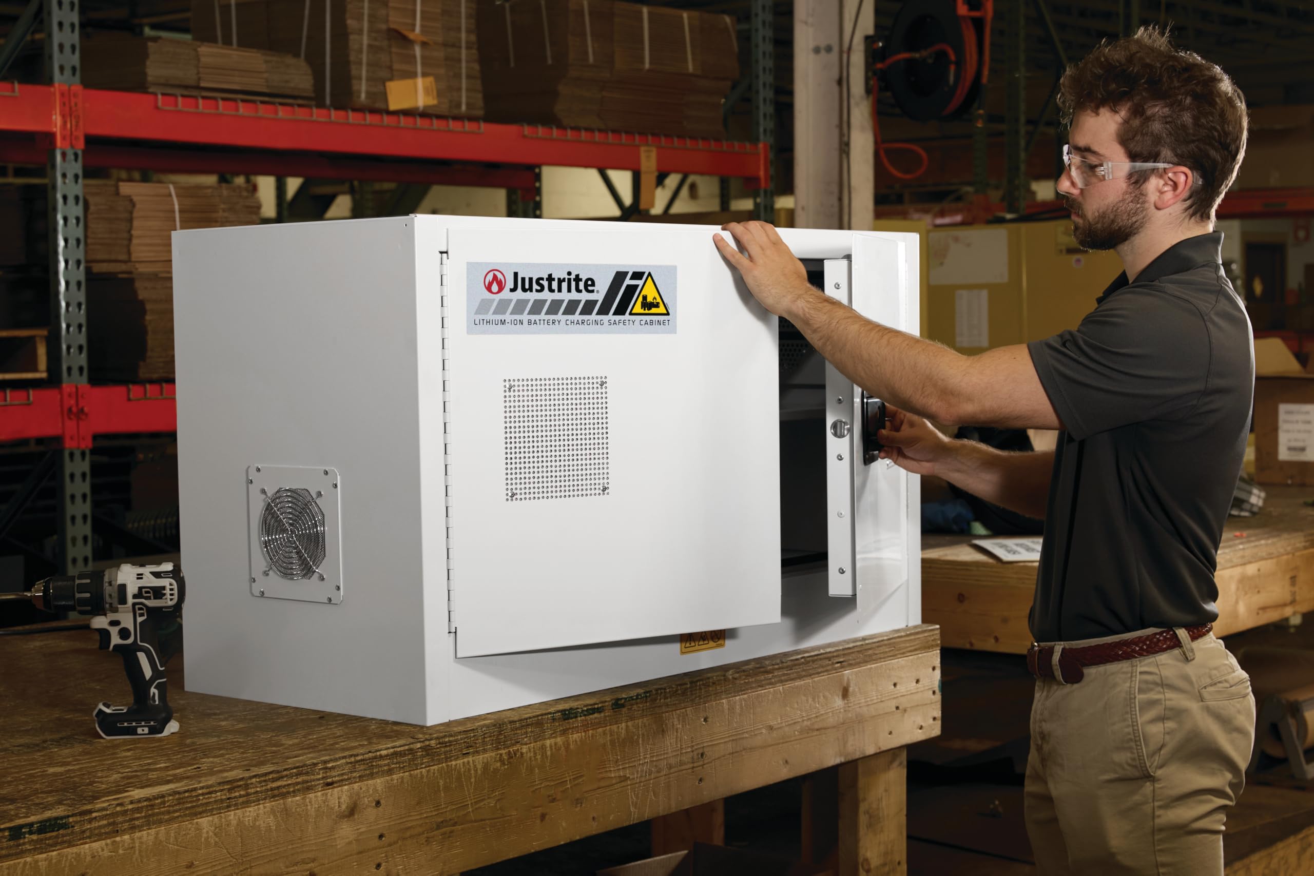 Justrite Battery Storage Charging Cabinet Lithium Ion, 24"x43"x18", 8 Receptacle Charger, 2 Door Manual Close Tool Battery Storage Container, Made in The USA, Gray, 231703