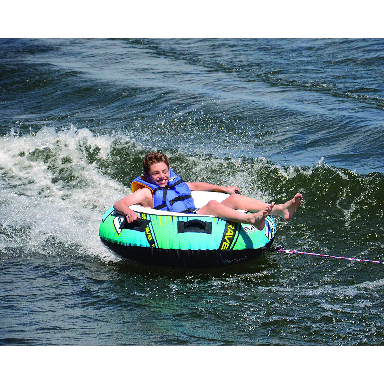 Rave Sports Inflatable Blade Towable Tube, 1 Rider, Unique Skim-Fast Bottom Coating, Nylon Cover, Four Foam-Filled Reinforced Handles, Quick Connect Tow Point, Boat Tubes and Towables, Stable Ride