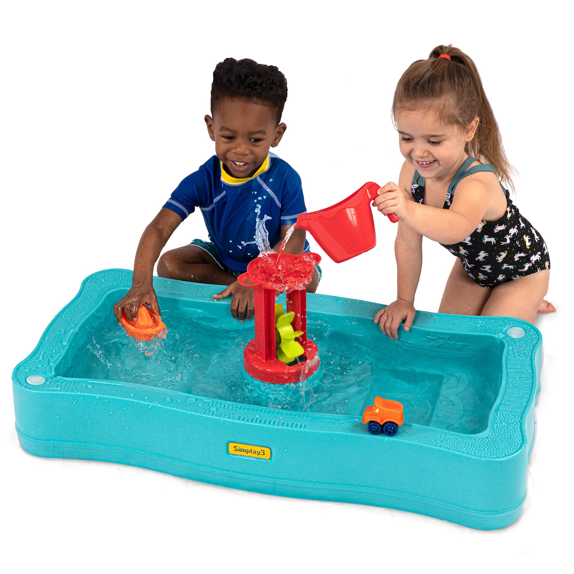 Simplay3 Ocean Drive Carry & Go 2-Sided Water Play Table for Kids with 4 Accessories - Indoor/Outdoor Toy Includes Waterwheel, Boat, Bucket, and Truck, Made in USA